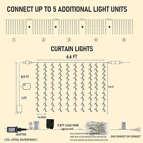 Vista 2 de Dazzle Bright-Guirnalda de 300 luces LED navideñas para cortinas colgantes, enchufables pexteriores, ventanas, paredes, bodas, patios, interiores