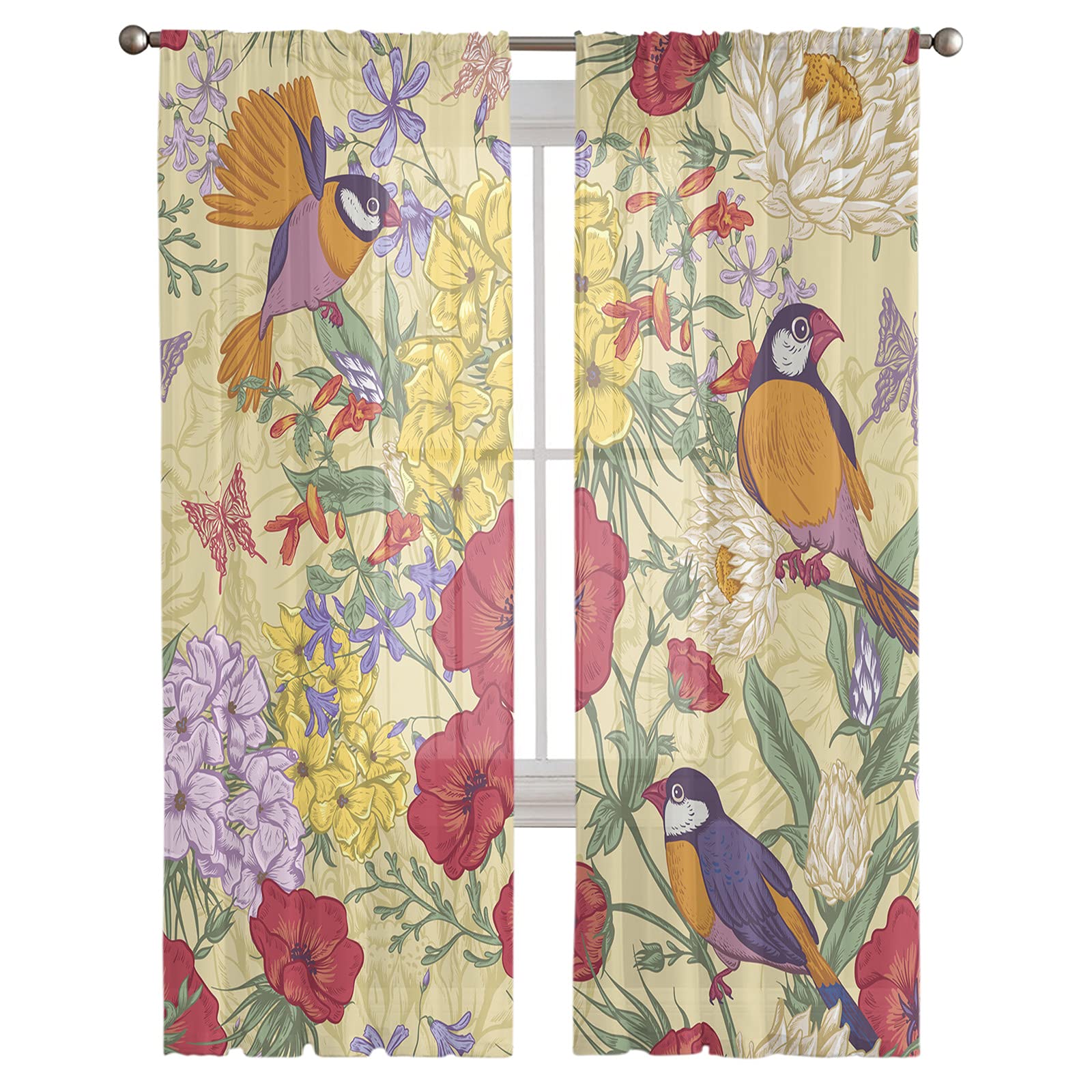Ogród Vintage Kwiat Ptak Motyl Zasłony Okno Sypialnia Nowoczesna Zasłona Sheer Tiul Falbany Salon Kuchnia Zasłona Woal - HZF02816, Szer. 135 x Wys. 137 cm x 2