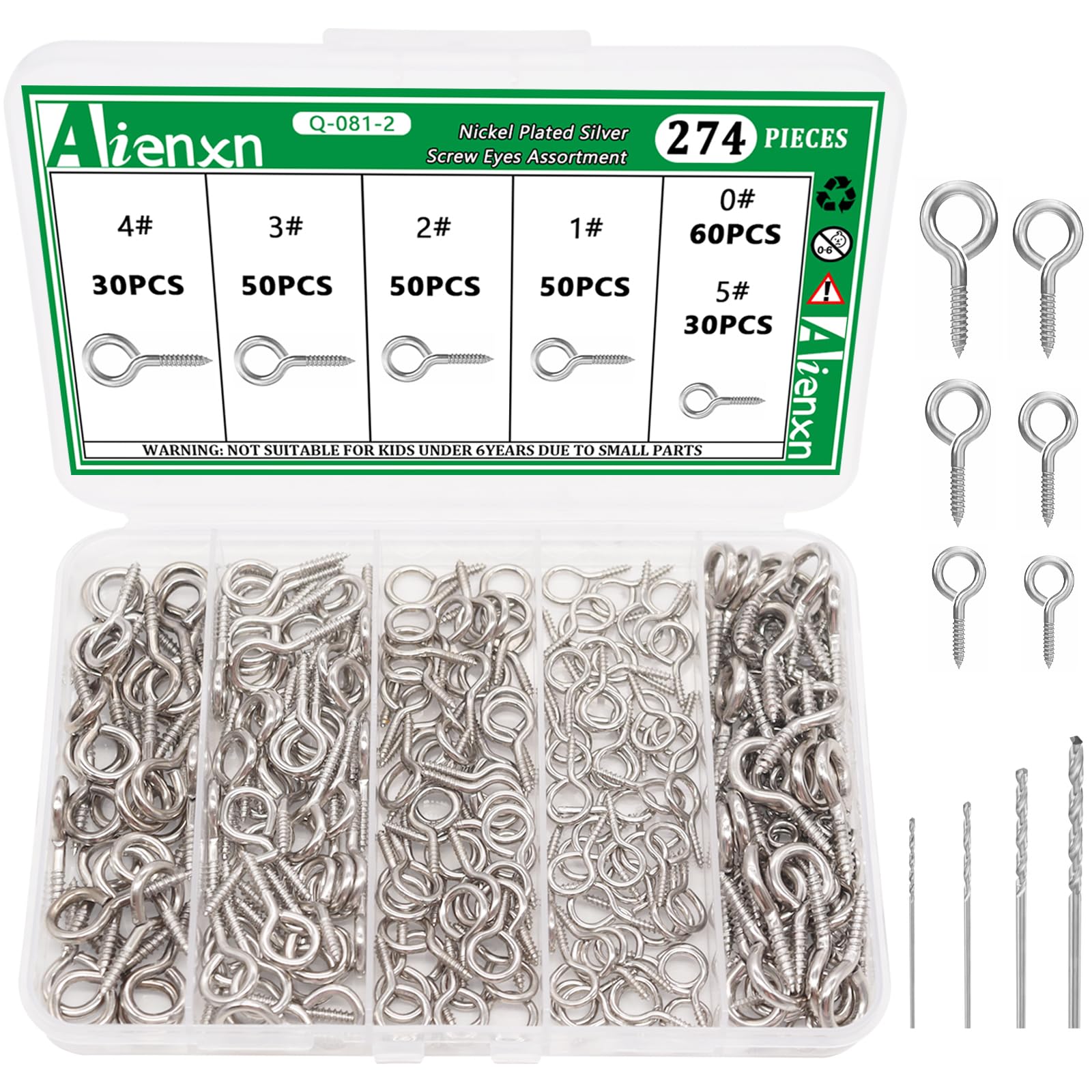 Aienxn 274PCS Silver Eye Screws Assortment - 0.53", 0.74", 0.79", 1", 1.07", 1.08", Nickel Plated Small Eye Hooks Screw, 0# -5# Eyelet Screw and 4pcs