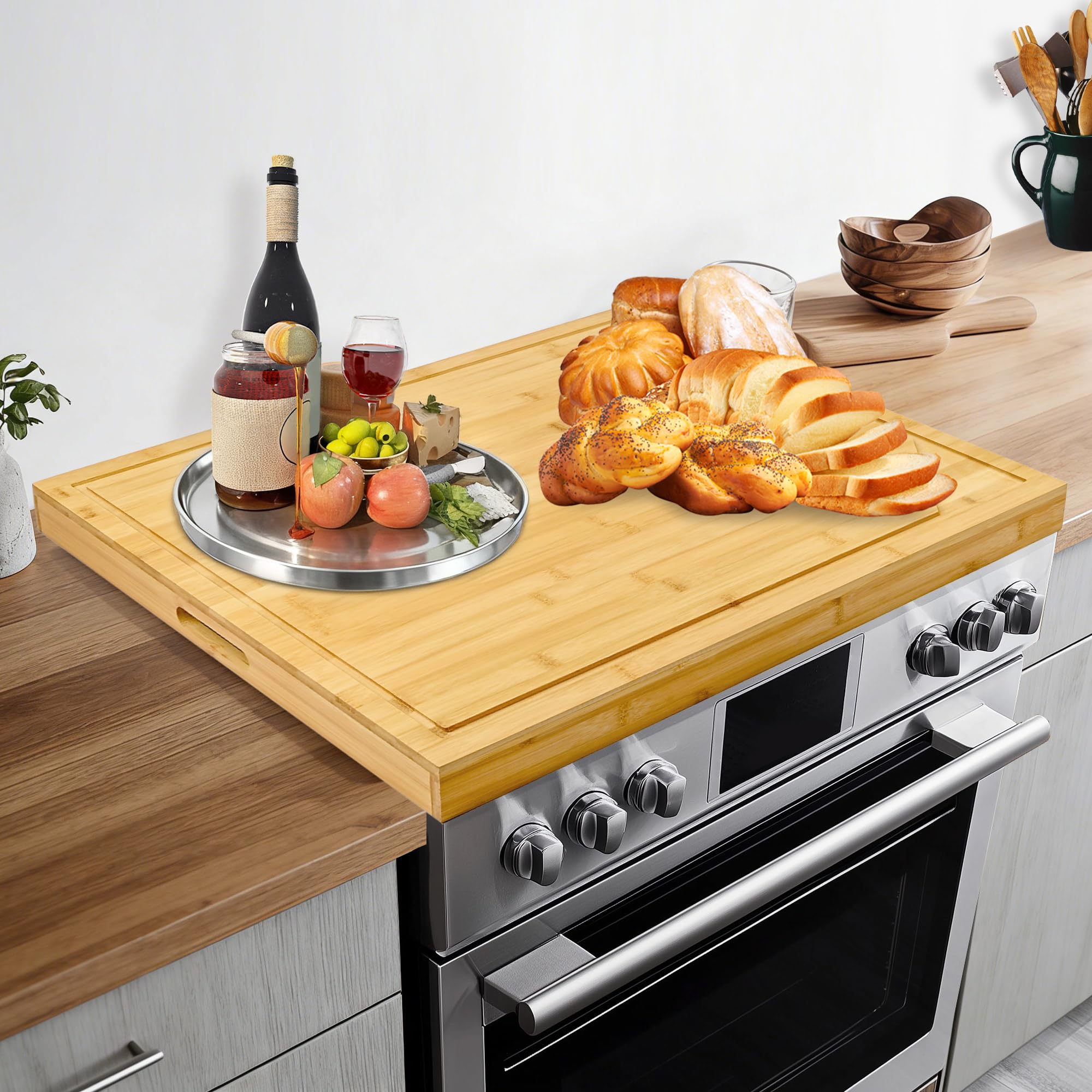 awagas Bamboo Cutting Board Stove Cover with Handles 75x55.3x5cm