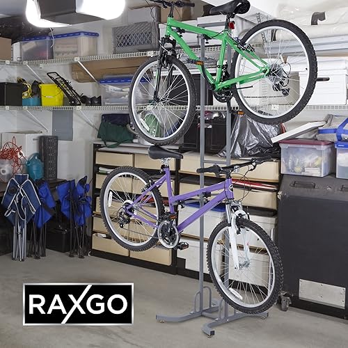 Miniatura 6 de RaxGo Estante de almacenamiento de garaje para bicicletas, soporte de piso de garaje para 2 bicicletas, independiente, ganchos ajustables, para
