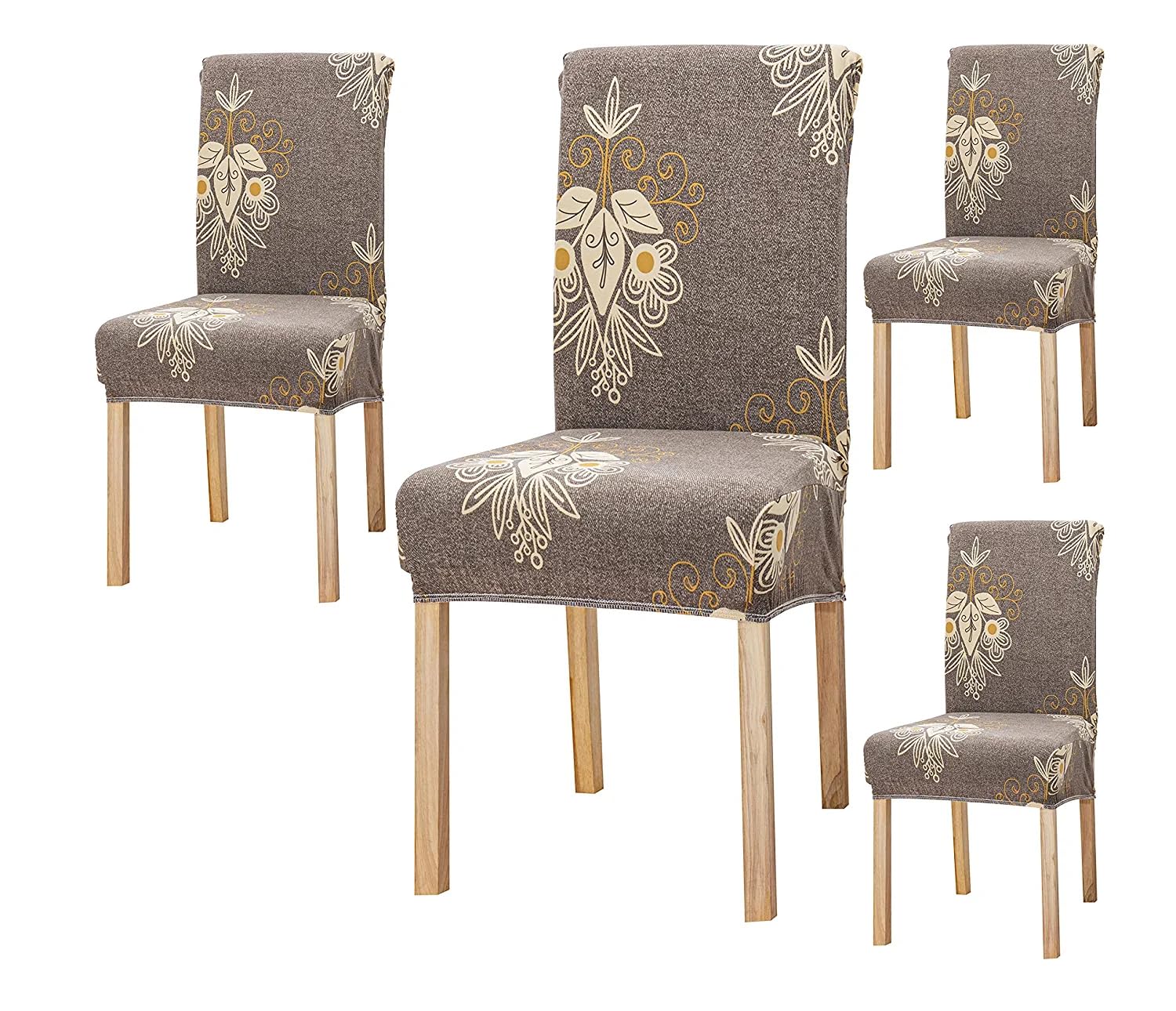 Styleys Polyester Printed Washable Elastic Dining Chair Cover Slipcovers (Set of 4 Beige Brocade, SD127)
