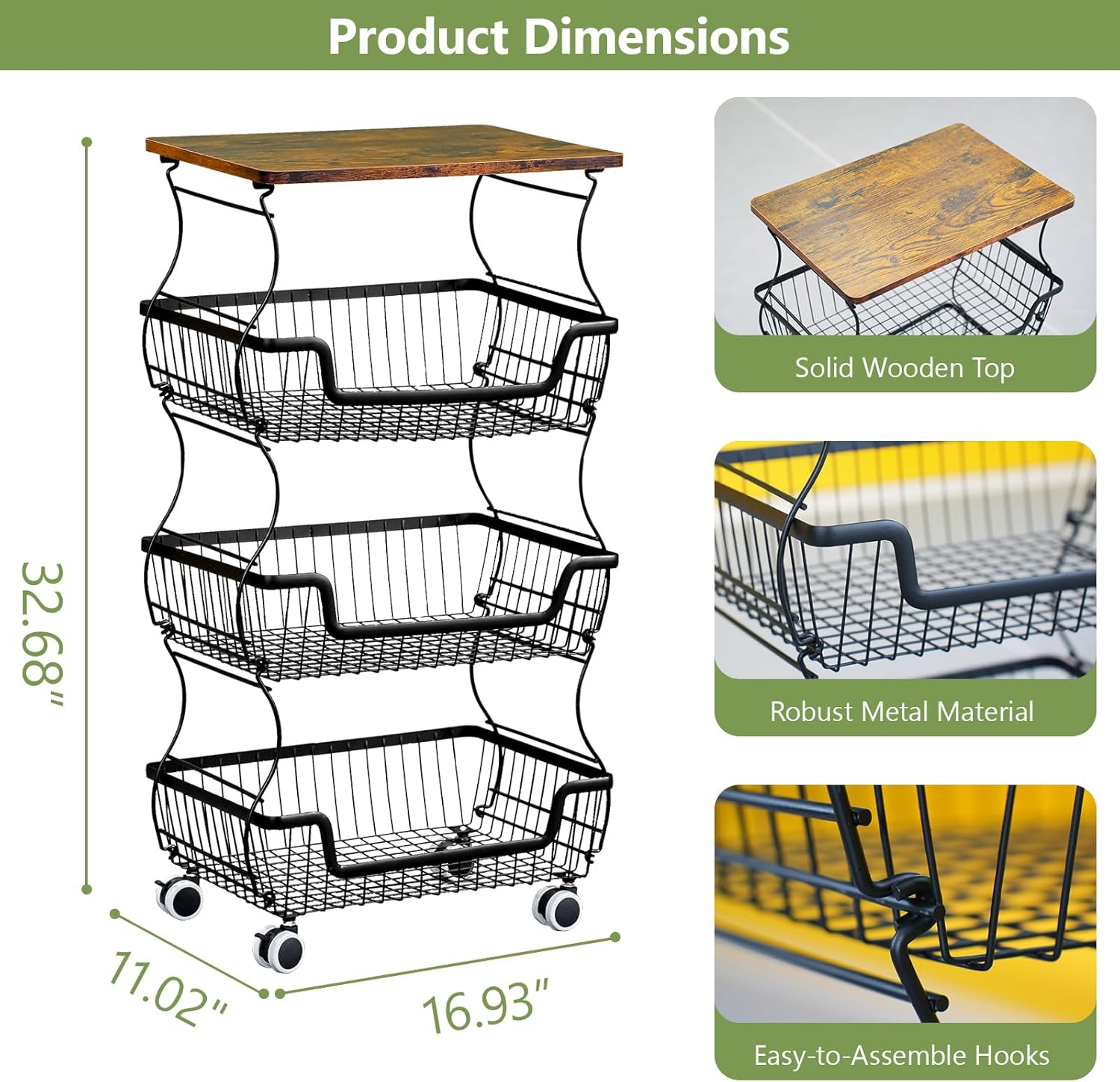 Kitchen Storage Cart on Wheels, 4 Tier Rolling Stackable Pantry Floor Organizer, Kitchen Fruit Basket Stand for Home Removable Metal Vegetable Rack Wire Snack Cart