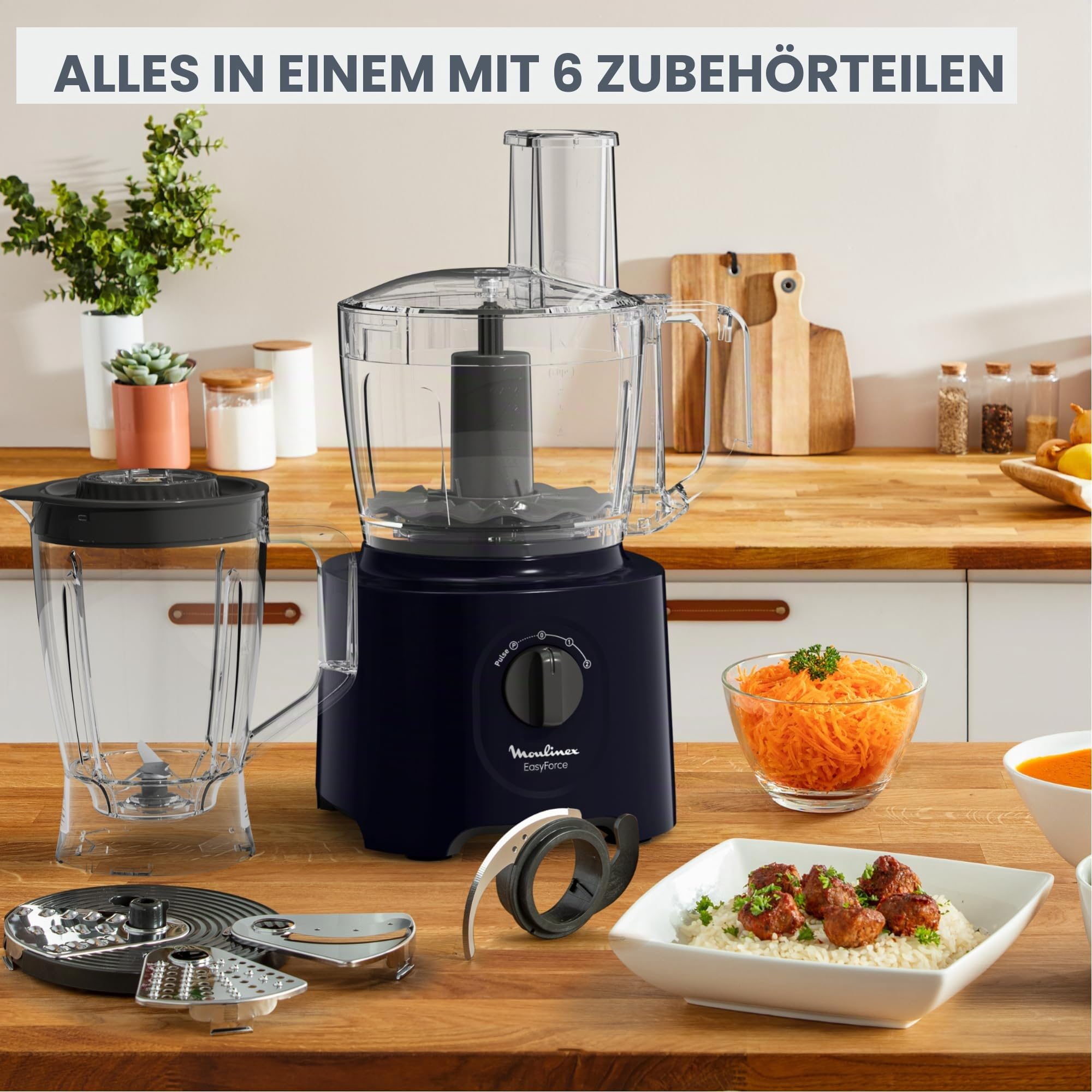 Moulinex Easy Force Multifunktions-Küchenmaschine, 800 W, 25 Funktionen, 2 Geschwindigkeitsstufen + Pulse, 6 Zubehörteile, inklusive Standmixer, Compact FP247810, Nachtblau