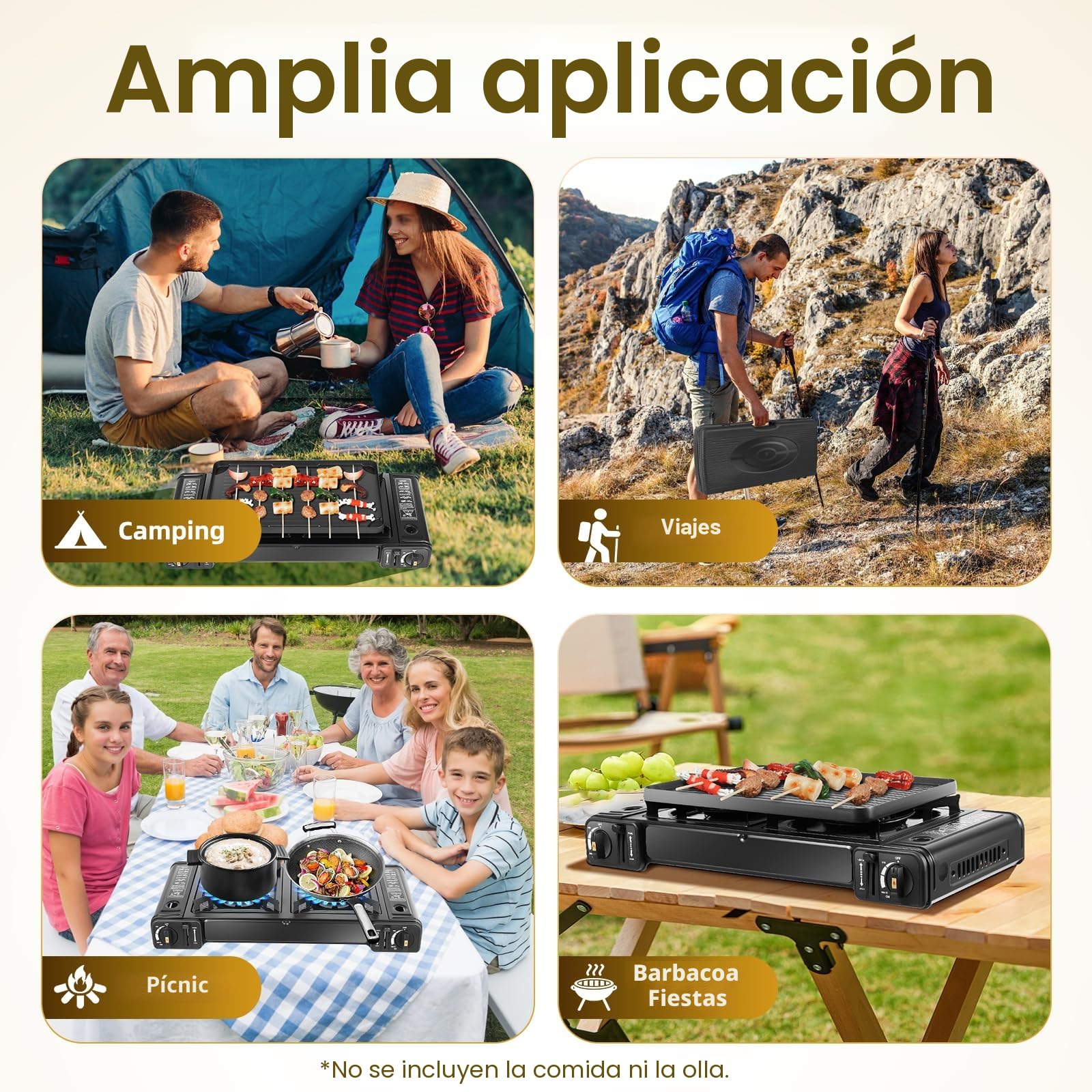 Hornillo de Gas Portátil de 2 Quemadores para Botella, Camping, Barbacoa y Exteriores - Estufa de Aluminio con Placa para Mesa