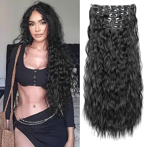 Flufymooz Extensiones de cabello con pinzas, extensiones de cabello sintético ondulado con clip, 6 unidades, para mujer, 24 pulgadas (negro natural)