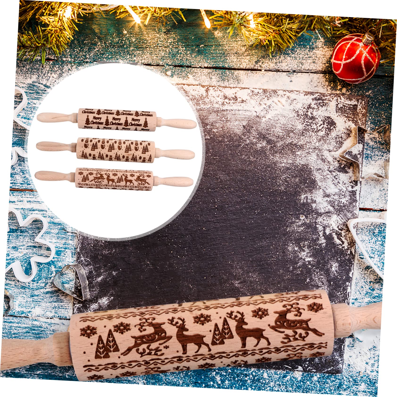 3piezas Rodillo De Madera Para Amasar Rodillo De Navidad Para Hornear Para Cocina