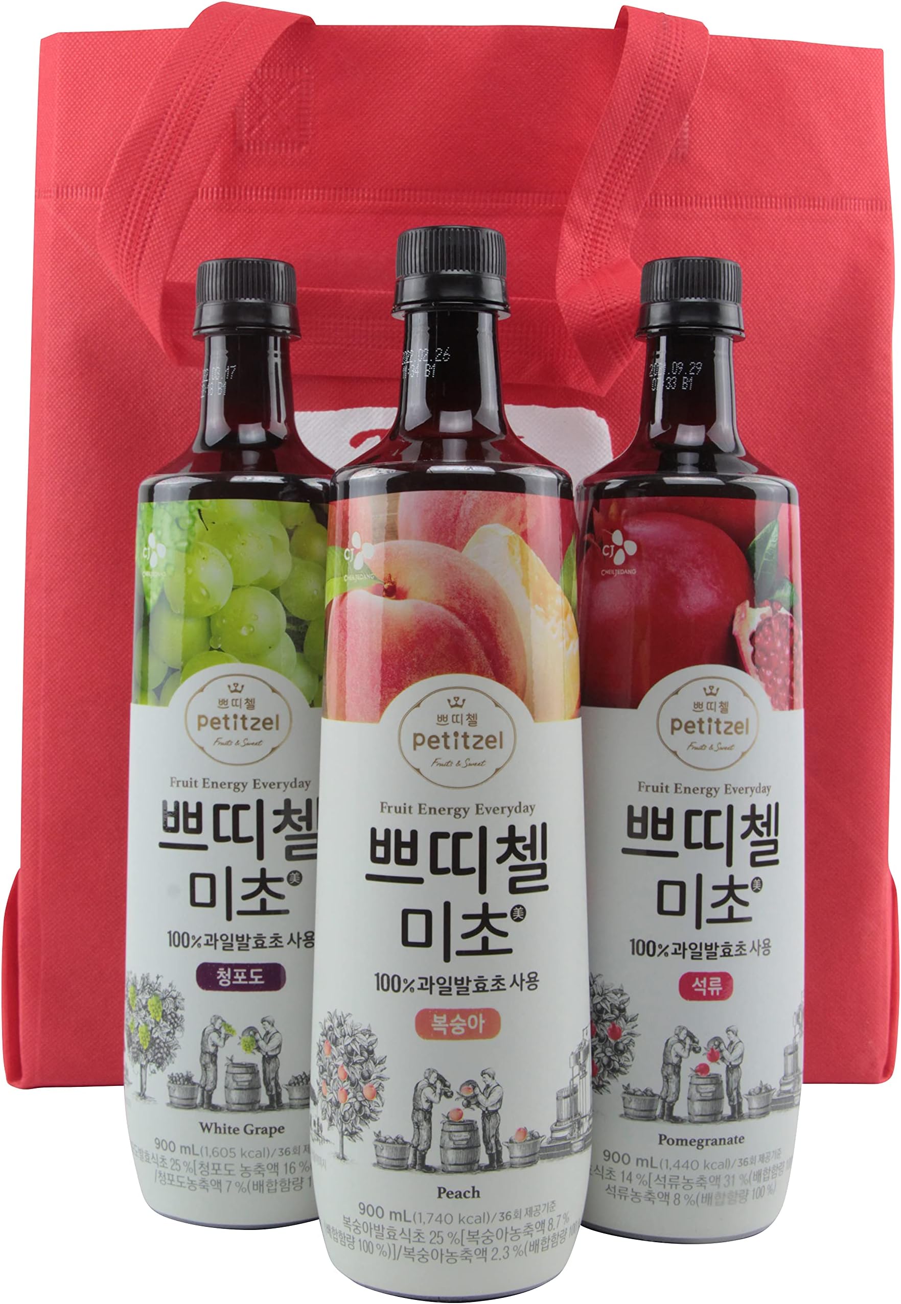 Korean CJ Petitzel Fruit Vinegar Drink Concentrate, 3 Bottle Set: Peach, Pomegranate and Grape, 91 Fl Ounces