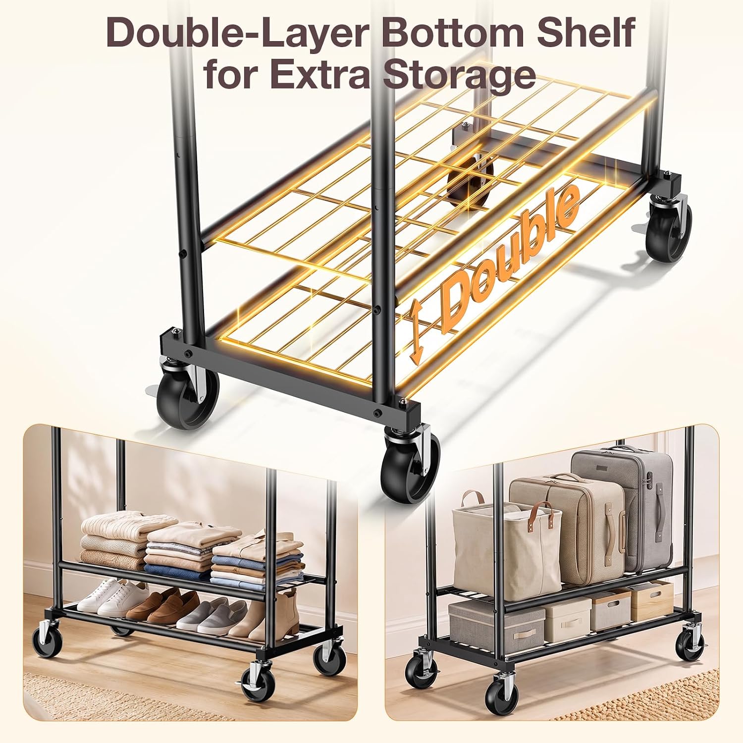 Heavy Duty Clothes Rack Load 960LBS, Adjustable Three Rods Rolling Garment Rack with Double-Layer Bottom Shelf, Portable Commercial Clothing Rack for Hanging Clothes with Wheels, Black