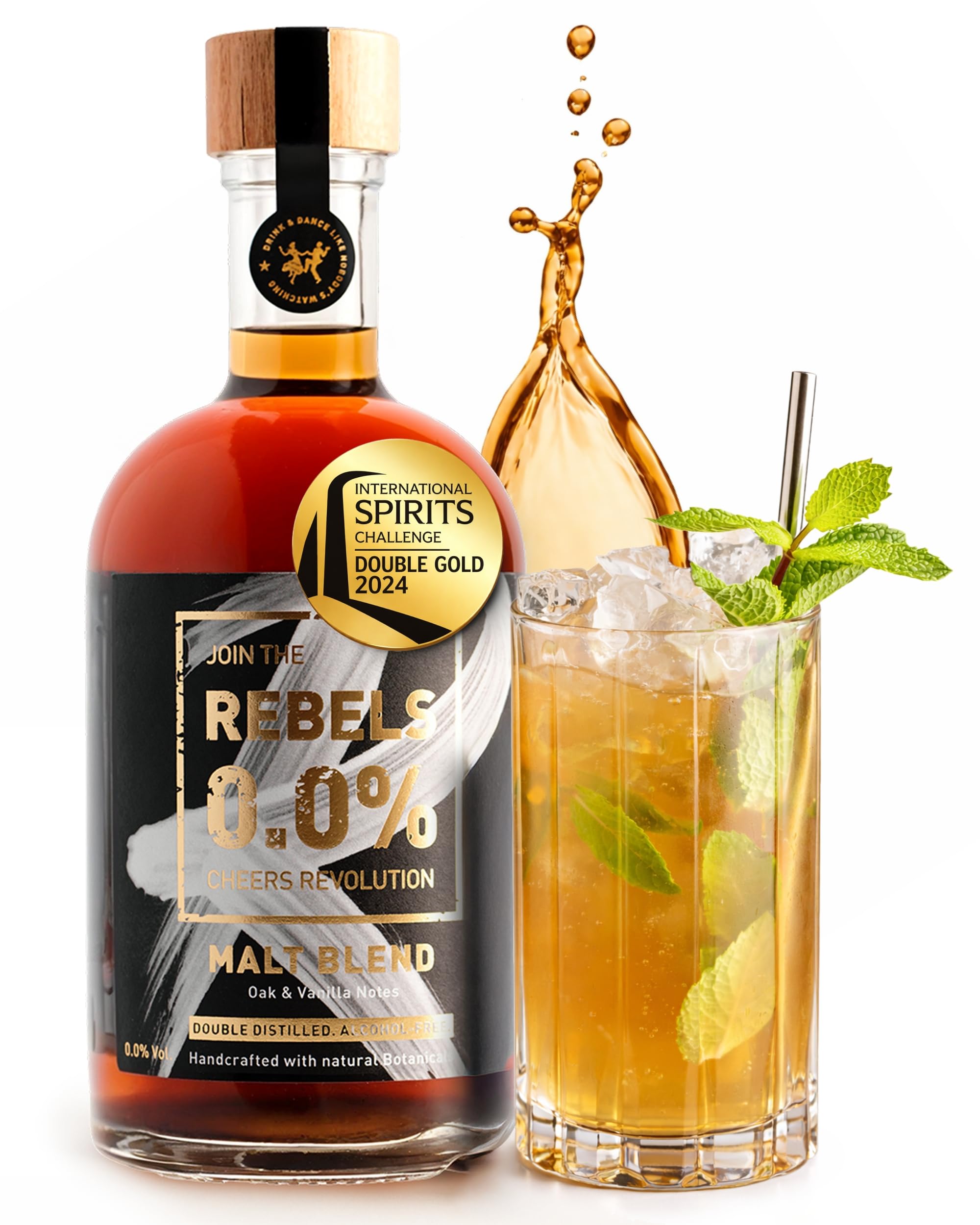 REBELS 0.0% alkoholfreie Whiskey Alternative Malt Blend | Doppelt destilliert für intensives Aroma | Crafted in Switzerland | Vegan | Nur zum Mixen geeignet | Für Cocktails alkoholfrei | 500 ml