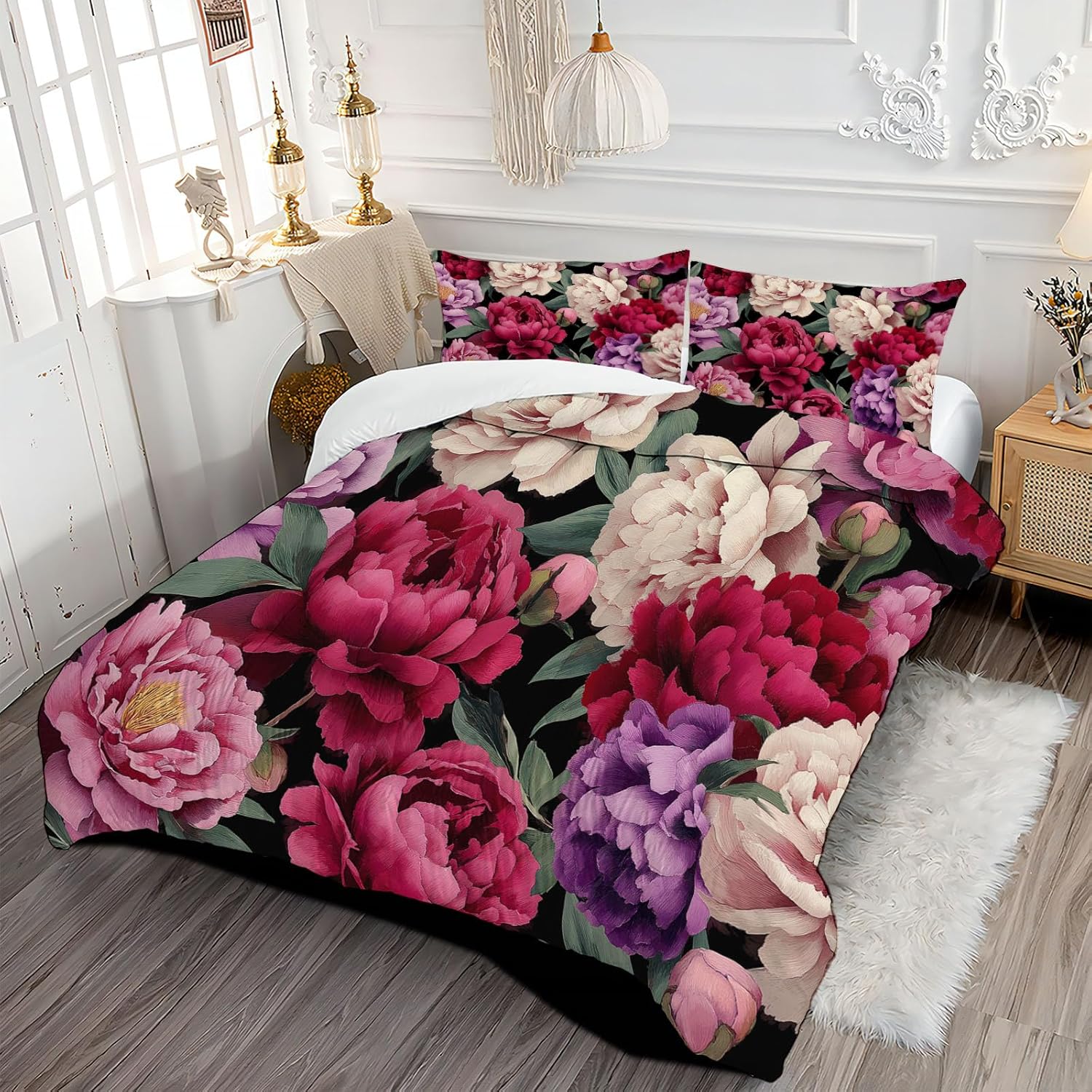 3D Watercolor Peonies Comforter Set Queen Size Bedding Set Retro Style All Season Down Comforter Printed Quilted with 2 Pillow Shams for Kids, Teens, Adults 90 x 90in Magenta