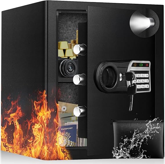 50L Security Safe Box, Home Office Safe with Fireproof Waterproof Bag, Anti-Theft Safety Box with Digital Keypad, Spare Key, LED Light, Smart Alert System, Removable Shelf, 31D x 35W x 42H CM