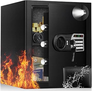 50L Security Safe Box, Home Office Safe with Fireproof Waterproof Bag, Anti-Theft Safety Box with Digital Keypad, Spare Key, LED Light, Smart Alert System, Removable Shelf, 31D x 35W x 42H CM