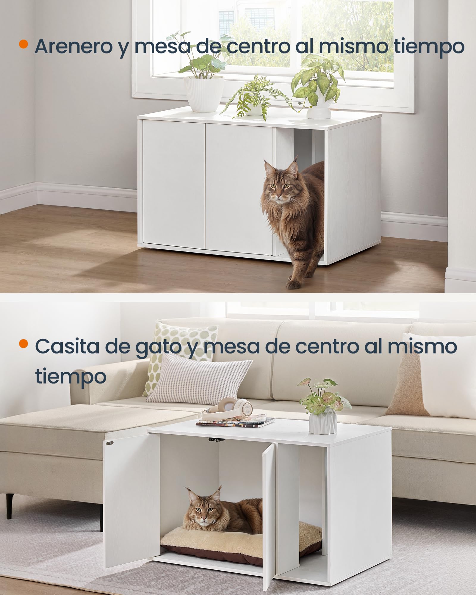 SONGMICS Home Caja Arenero, Montaje Súper Rápido Sin Herramientas Toolless, Casa Grande para Gatos con Puerta con Apertura a Presión, Minimalista, Blanco Nieve PCL013W01