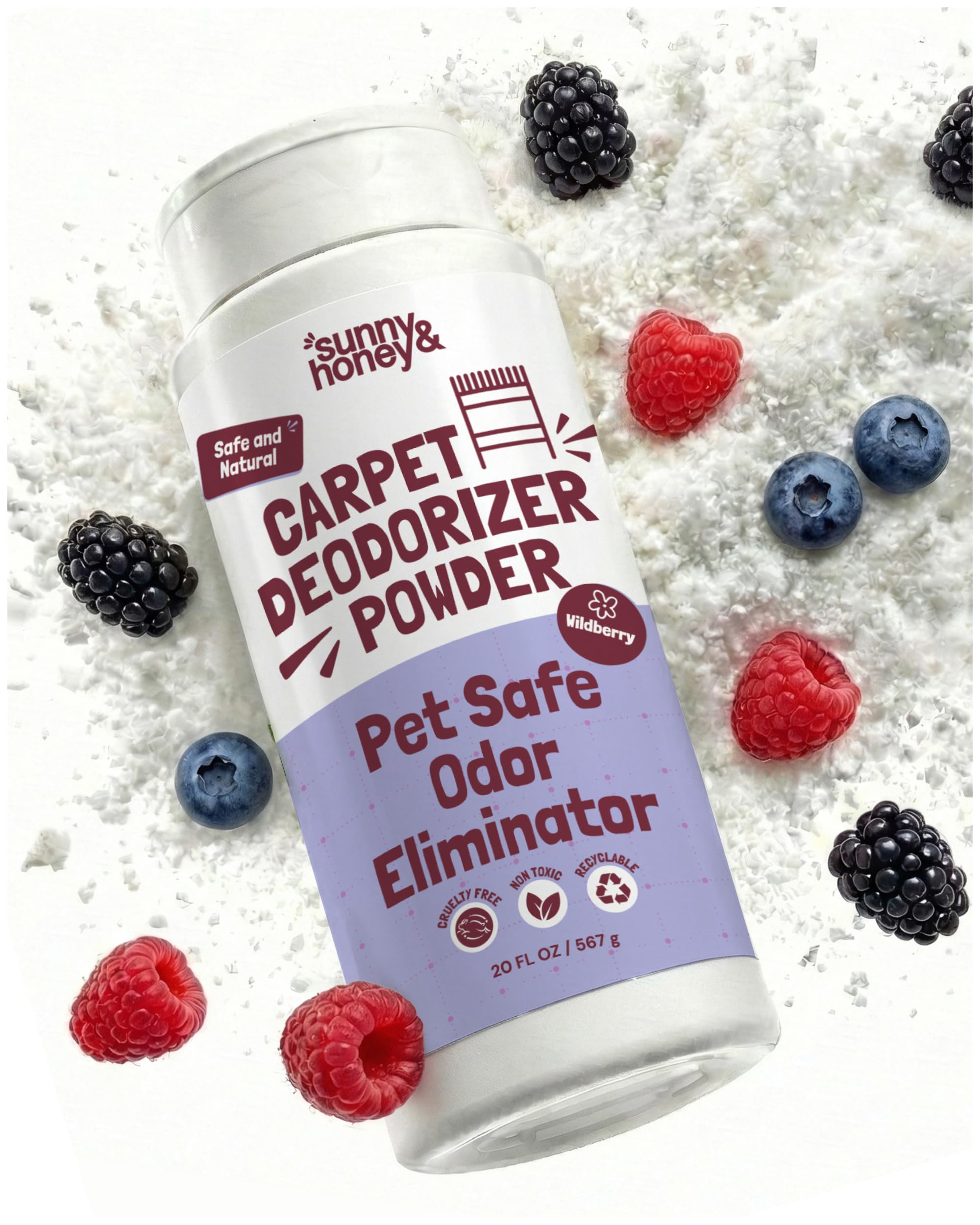 Sunny & Honey Carpet Freshener Powder - 20 Oz Pack, Wildberry Scent - Carpet Deodorizer Powder & Odor Eliminator for Upholstery, Furniture & Rugs, Kid & Pet Safe