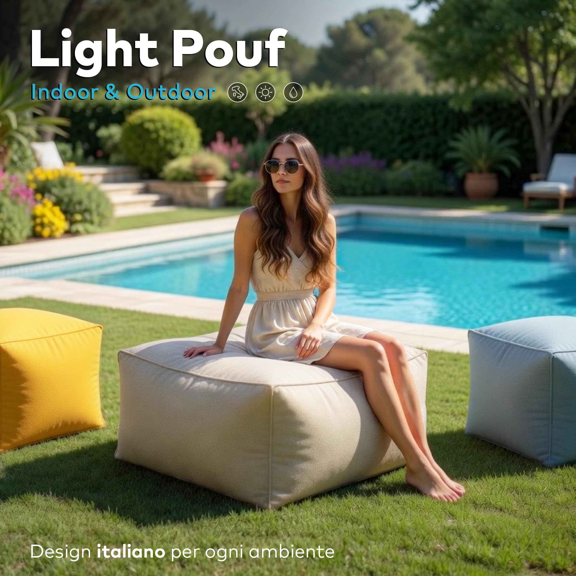 Deshome Pouf da esterno e interno - Pouf poggiapiedi quadrato 60x60x50 cm da giardino idrorepellente sfoderabile, Puff design moderno per soggiorno terrazzo e camera da letto Light Pouf Grigio marrone