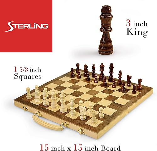 Miniatura 4 de STERLING Games - Juego de ajedrez de madera maciza de 16 pulgadas, tablero plegable de viaje con cerraduras de latón y almacenamiento interior de