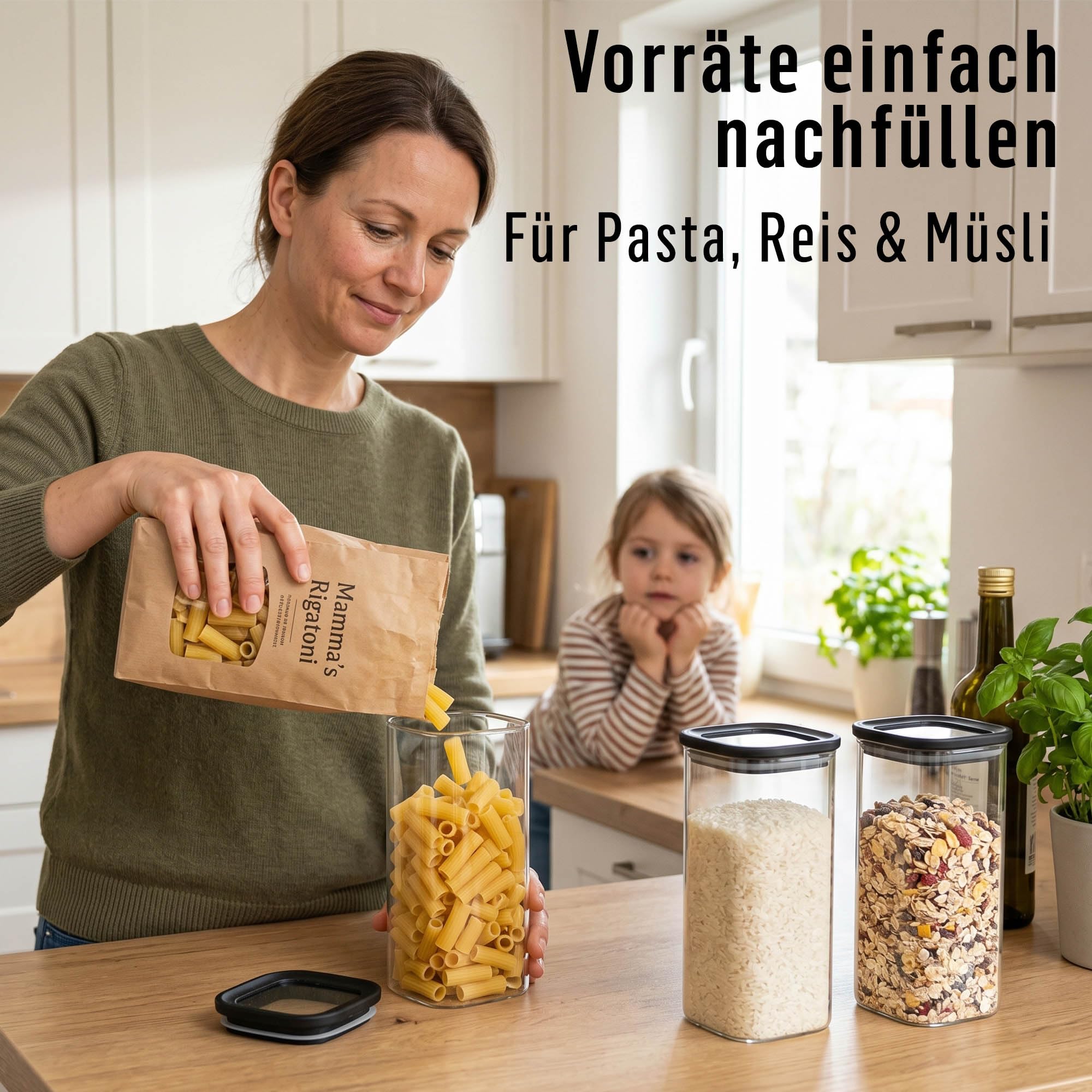 Deco haus Vorratsgläser Eckig mit Glasdeckel 6er-Set 1600 ml [+ Etiketten] | Vorratsdosen glas 6x1600ml - Nudeln, Müsli, Mehl Aufbewahrungsgläser - Glasbehälter & Töpfe - Vorratsbehälter Glas