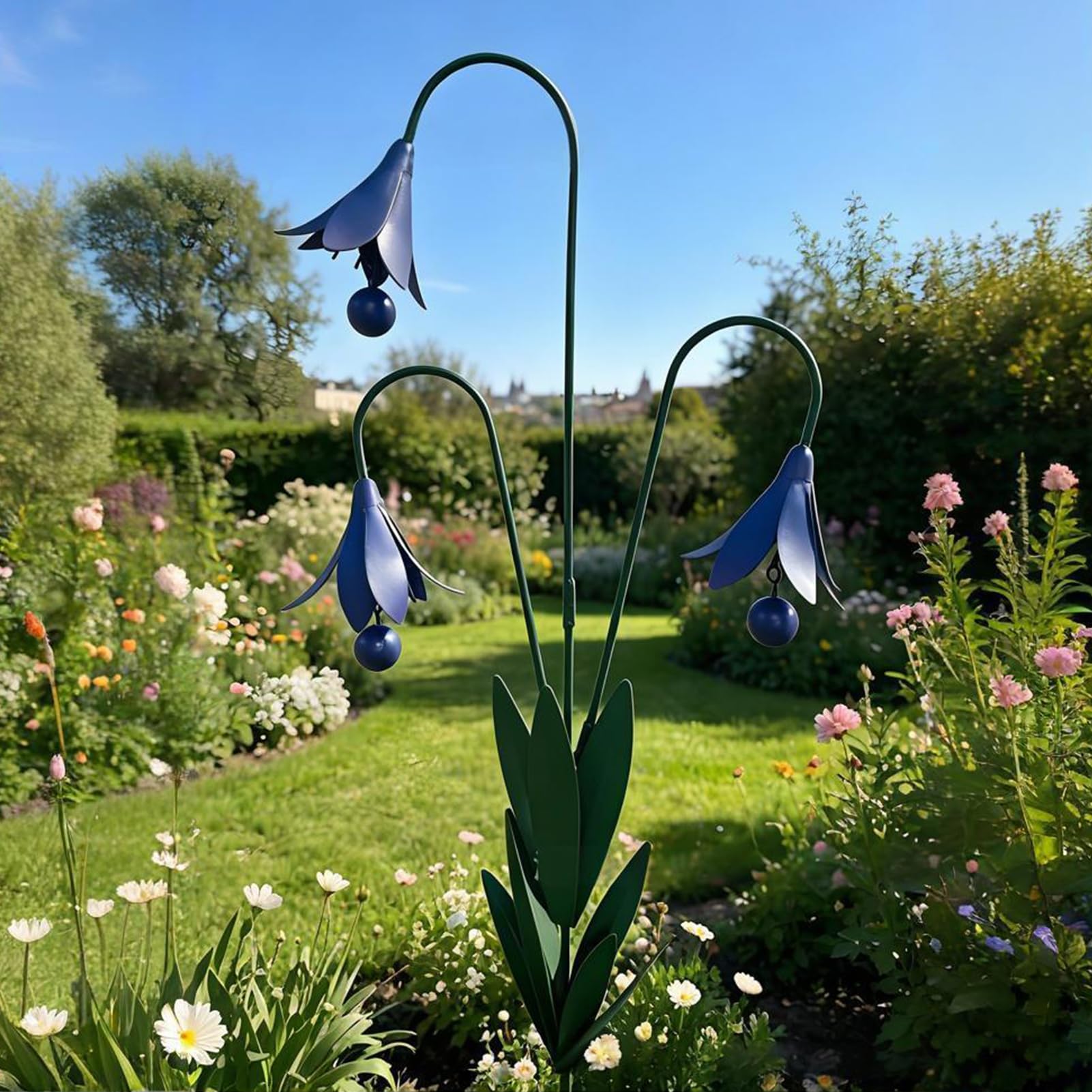Garden Stake with Bells, Flamed Copper Wind Chime, Metal Flower, Handmade