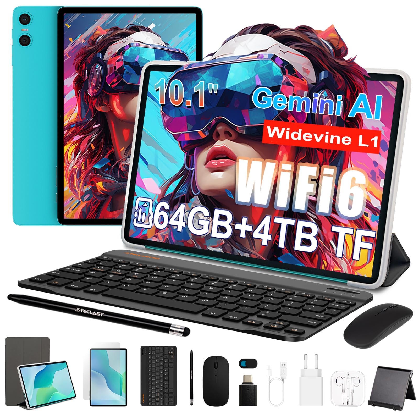TECLAST P33 Tablet 10.1 Pollici Gemini AI Android Tablets 10 Accessori, 64GB ROM+4TB TF, 2GHz Octa-Core, 5G WiFi/Widevine L1/6000mAh/OTG/Tablet con Tastiera+Custodia+Penna+Mouse+3.5MM Auricolari, 2026