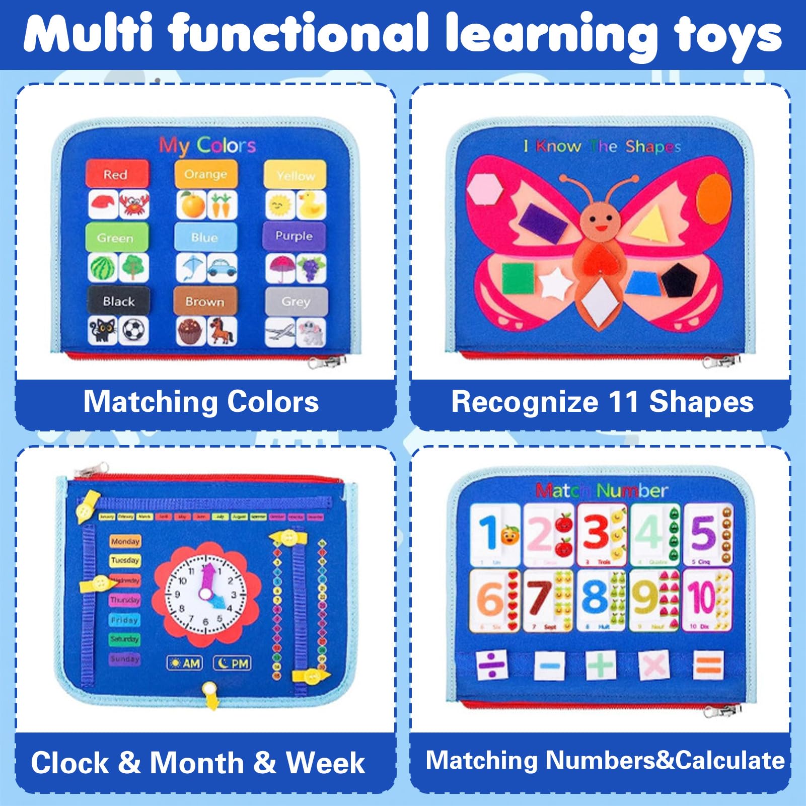 Busy Board Quiet Book Montessori per bambini, ragazzi e ragazze, giocattolo interattivo, in feltro morbido, educazione precoce, giocattolo da viaggio, regalo (blu, stile 2)
