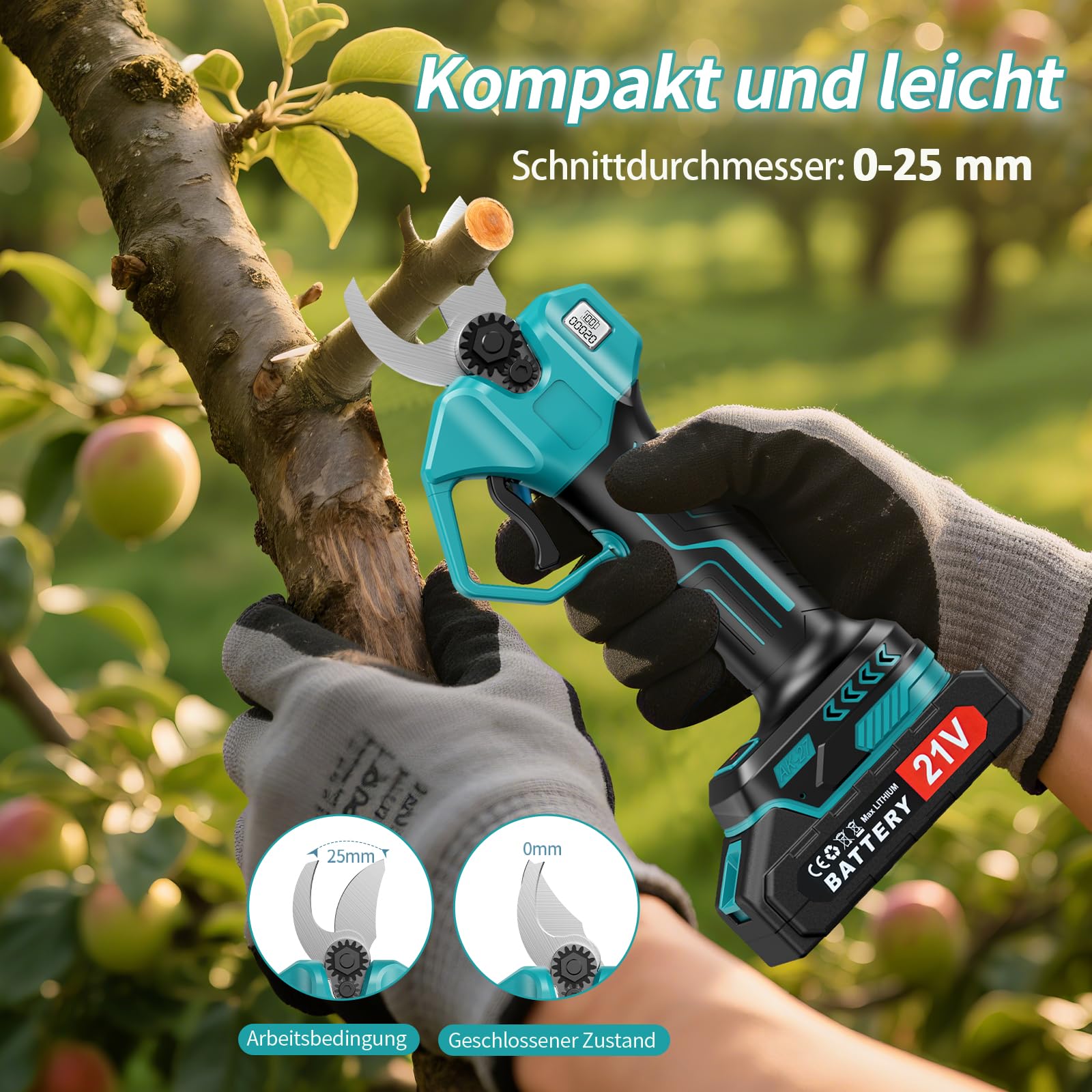 Tijeras De Podar Electricas Con Pantalla Lcd,Podadora Electrica Con Con Diámetro De Corte De 25mm, Tijera Electrica Con Cargador 2 Baterías De 2000mah Y Motor Sin Escobillas