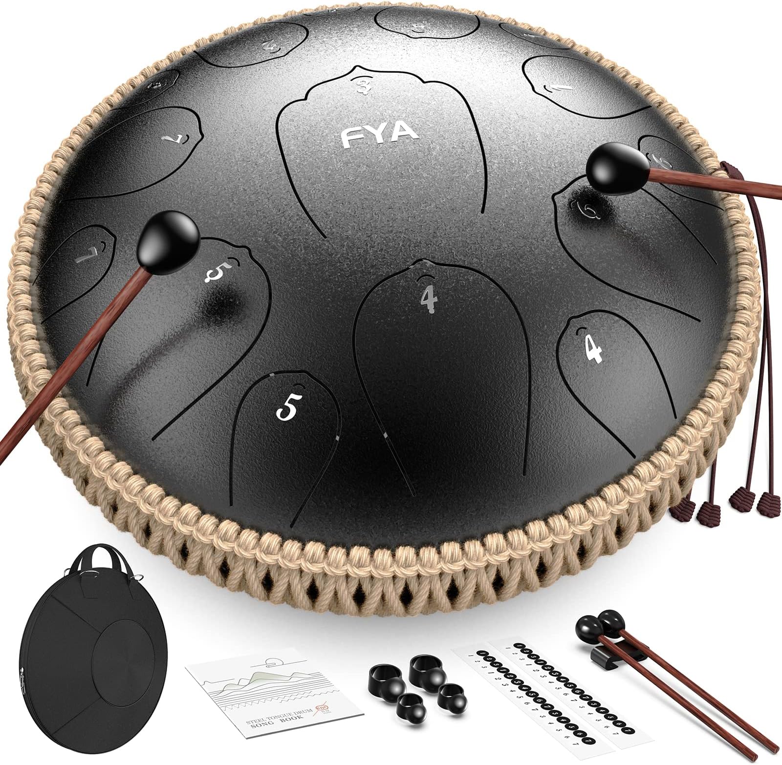 - FYA 14 Inch Steel Tongue Drum 15 Notes D Major for Kids and Adults with Rubber Mallets, Finger Picks and Padded Travel Bag, Unique Gifts for Him or Her (Black-15 Note 14 Inch)