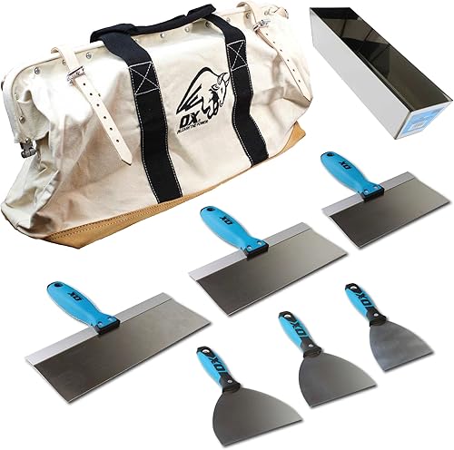 OX Pro Juego de 6 cuchillos para juntas de yeso de acero inoxidable con cinta de yeso y bandeja de barro de 12 pulgadas y bolsa de herramientas de