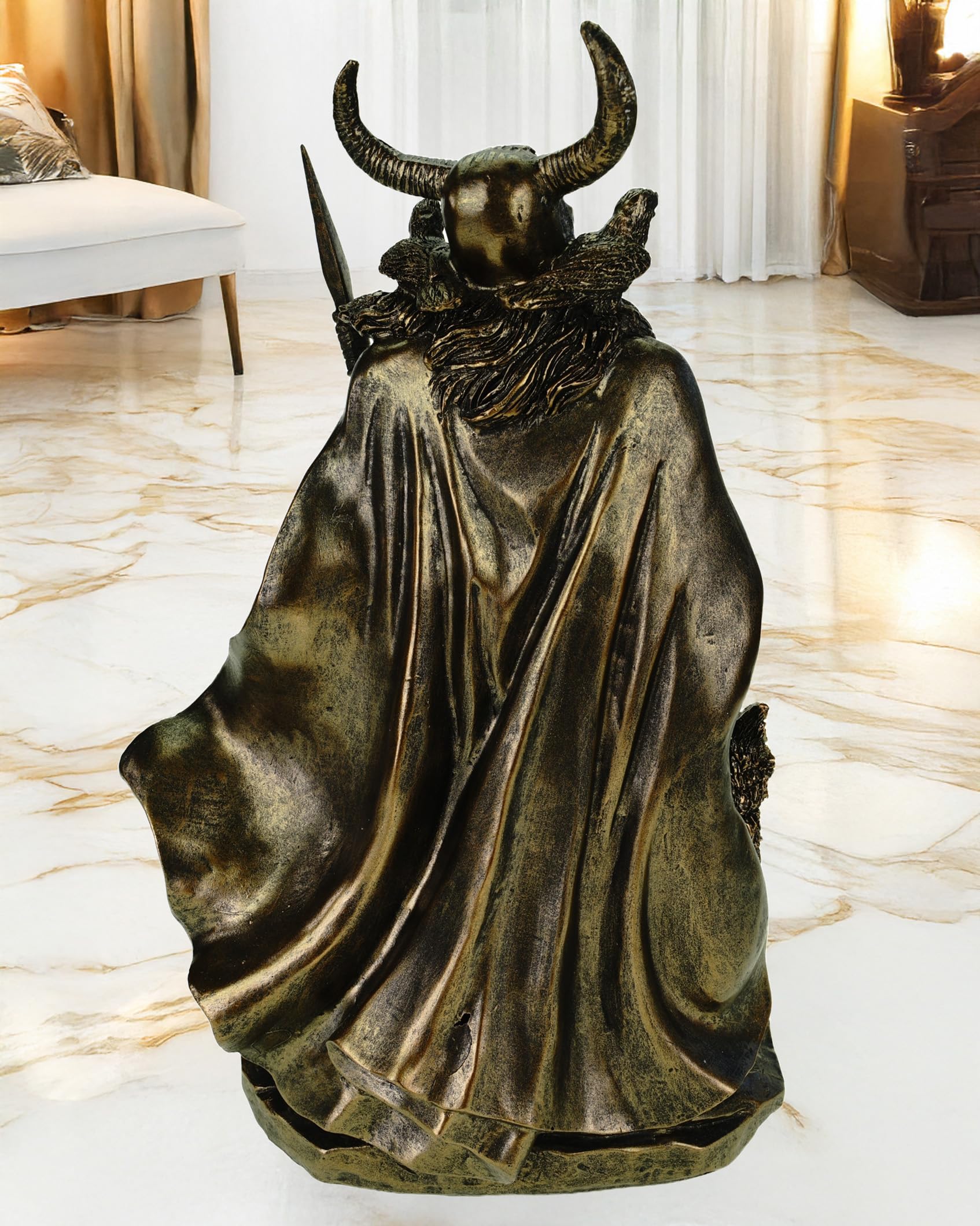 Kremers Schatzkiste Figura de Odin con cuervos Hugin y Munin y lobos Geri y Freki, 36 cm, mitología nórdica, escultura de dioses de polirresina – Regalo vikingo