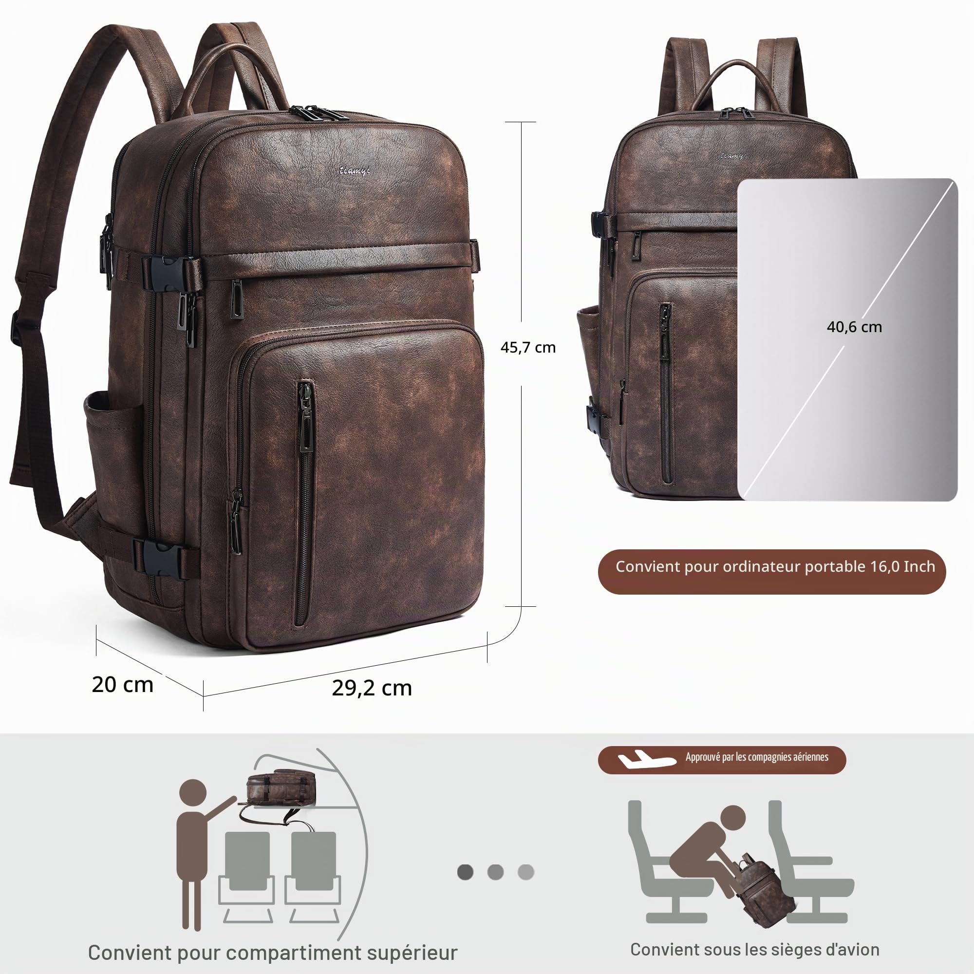 Sac à dos pour ordinateur portable pour femme 15,6 pouces en cuir tendance pour voyage, université, travail