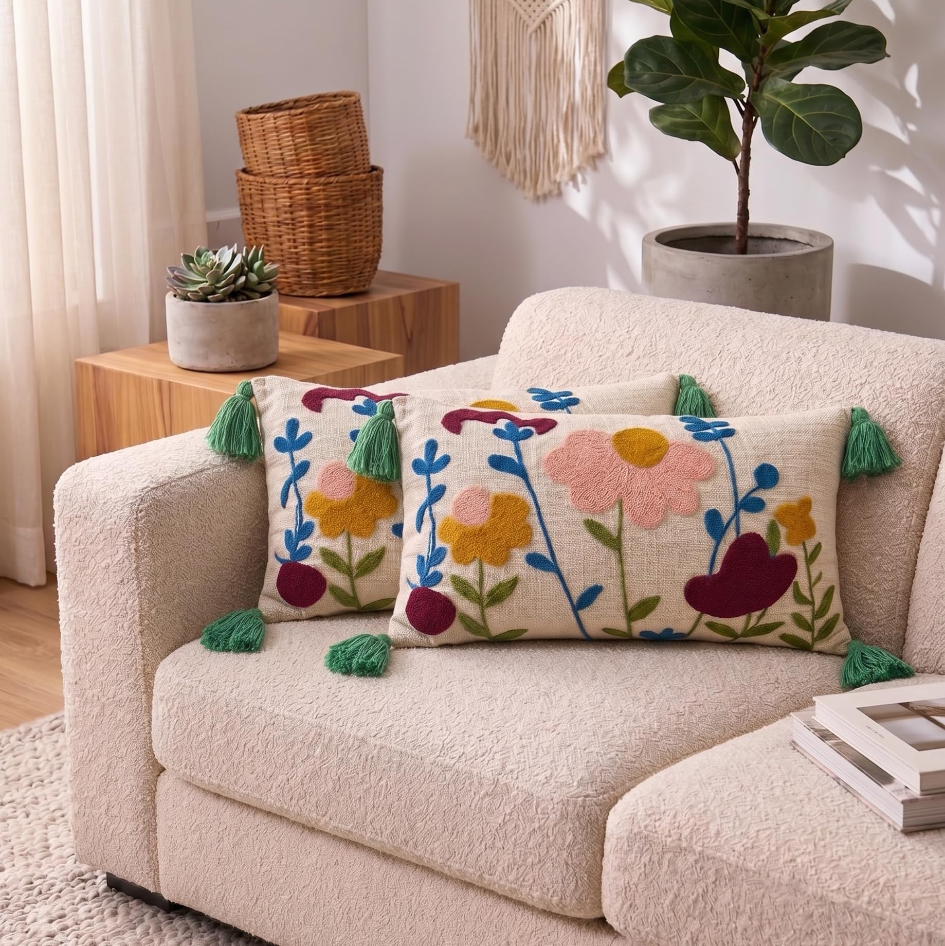 Embroidered Decorative 12X20 inch Cushion Cover with Tassels – Boho Embroidered Throw Pillow Case, Soft Cotton Linen Cushion Cover for Sofa, Living Room & Bedroom Decor (1, Blue Bails Flowers)