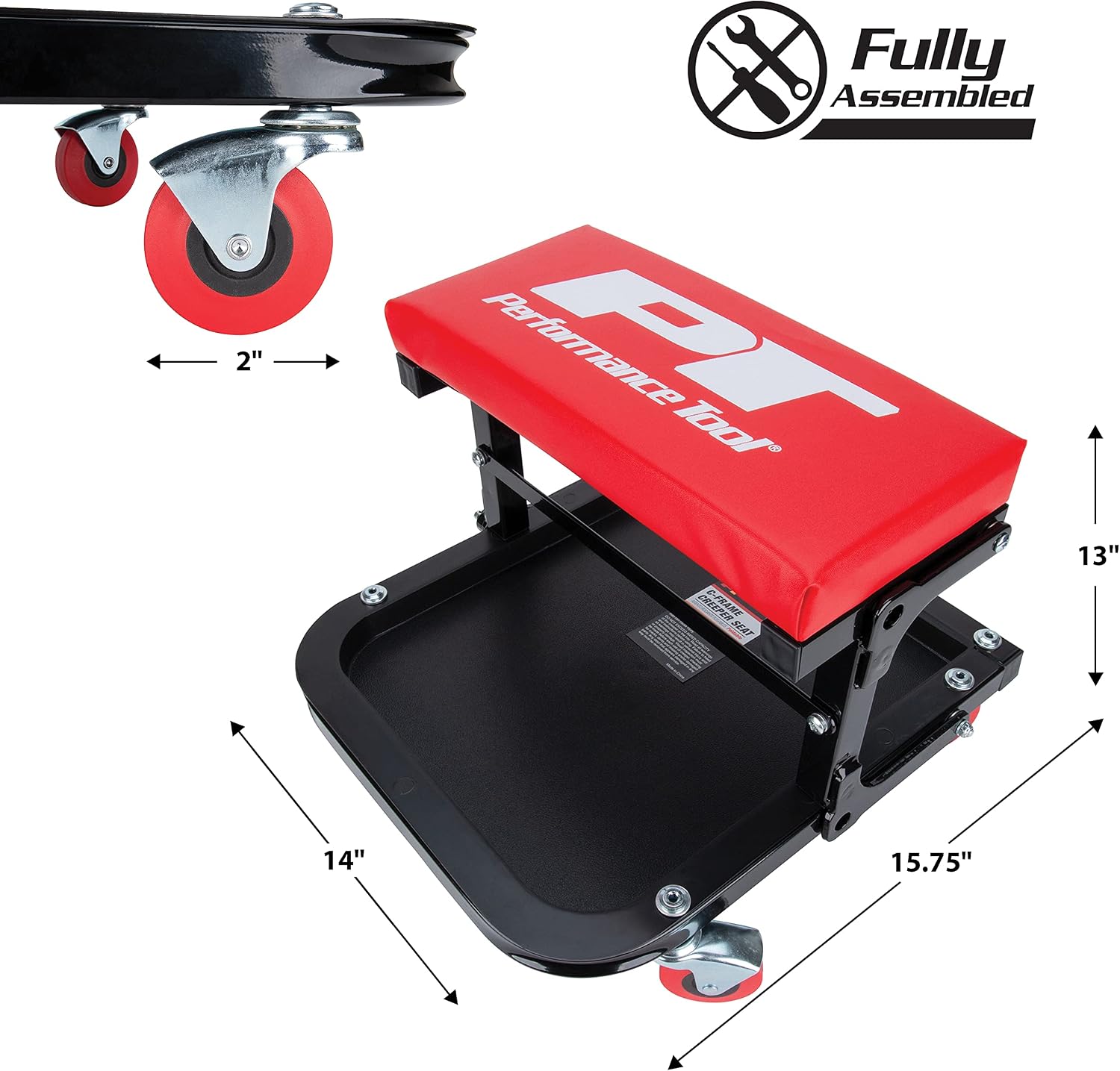 Performance Tool W85021 Folding C-Frame Creeper Rolling Work Seat with Tool Tray for Mechanic Garages and Workshops, Black/Red, 12.5-inch Height
