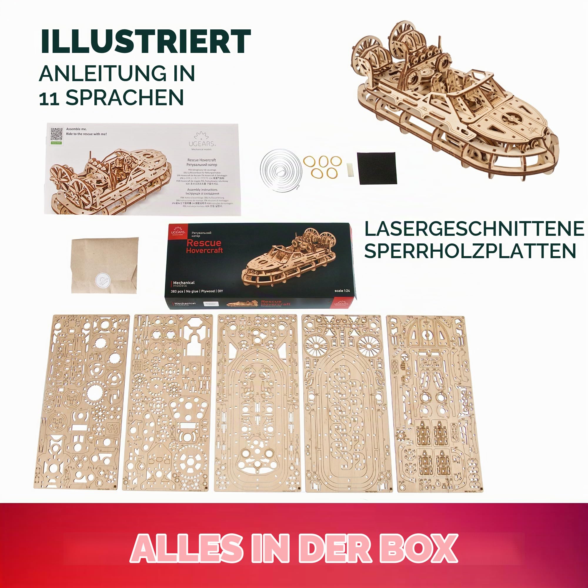 UGEARS Luftkissenboot modelbausatz für Rettungseinsätze - 3D Holzpuzzle für Erwachsene - Modellbau Schiffe Holzbausatz im Maßstab 1:32 - DIY 3D Puzzle Luftkissenboot mit realistischer Bewegung