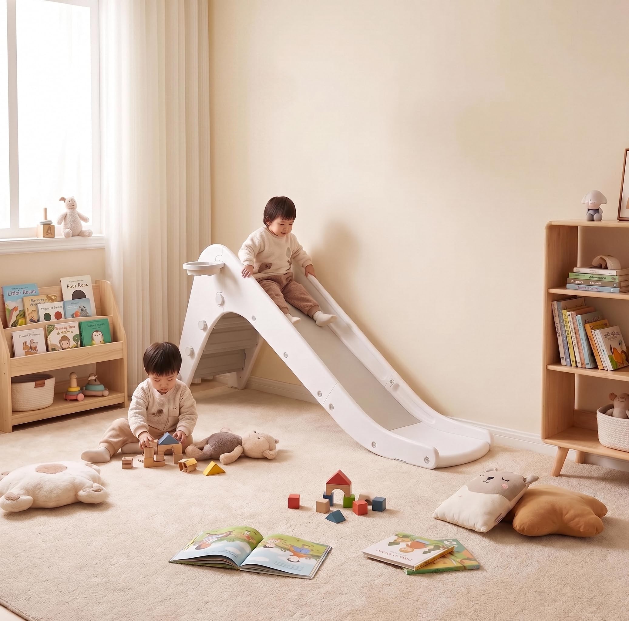 Scivolo per Bambini 190cm con Canestro da Basket, Scivolo per Bambini da Casa Interno, Plastica Scivolo da Giardino con Maniglie e Scale, 1-5 Anni, Grigio e Bianco