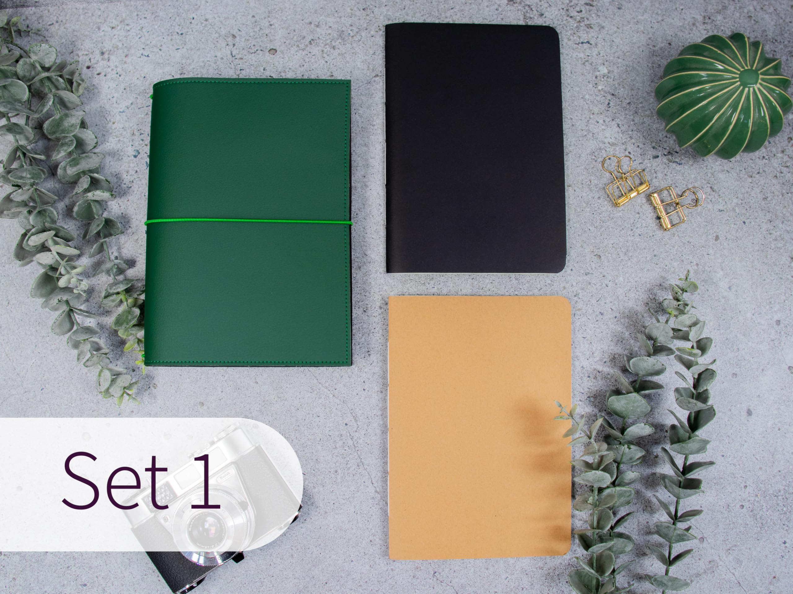 Travelers Notebook, dunkelgrün, –verschiedene Größen, nachfüllbar – Handmade Journal aus Kunstleder, Platz für 2 Hefte, optional mit Notizheften, dots oder blanko
