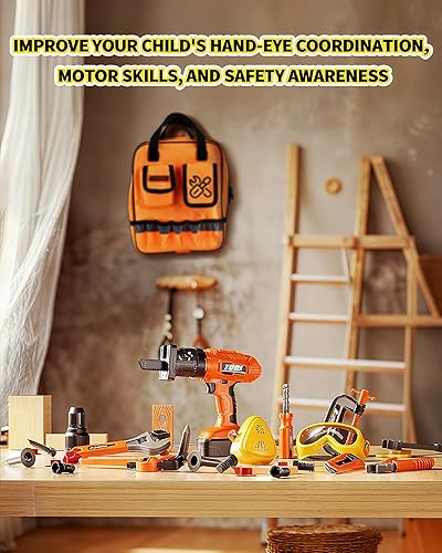 Miniatura 5 de Juego de herramientas para niños de 36 piezas, juguetes de construcción con cinturón y taladro electrónico para niños y niñas de 3 a 5 años, bolsa