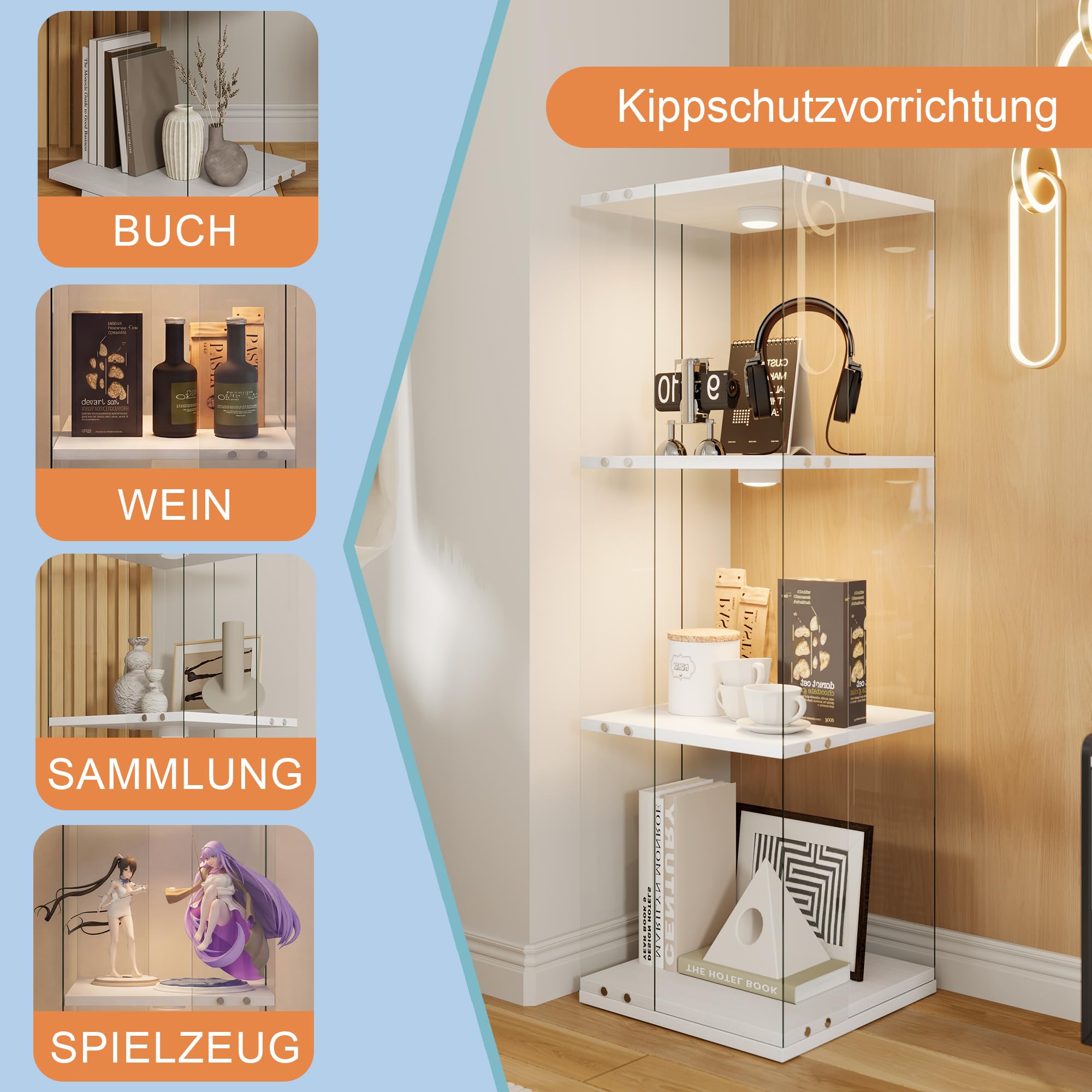 Witryna szklana ze szklanymi drzwiami, 3-stopniowa witryna ze szklanymi wspornikami | Witryna kolekcjonerska do salonu, sypialni, biura, szafek do przechowywania, biała
