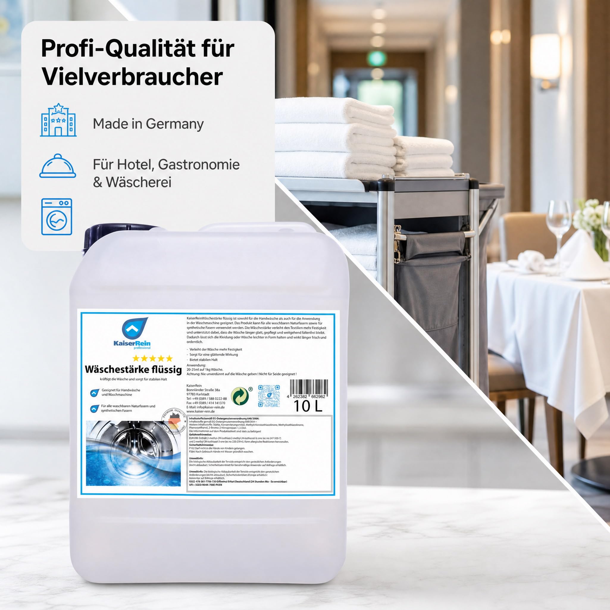 KaiserRein Wäschestärke flüssig 10 L, Wäschesteife für stabilen Halt & glattes Finish, Bügelstärke für Waschmaschine & Handwäsche, für Natur- & Synthetikfasern (nicht für Seide), dosierbar