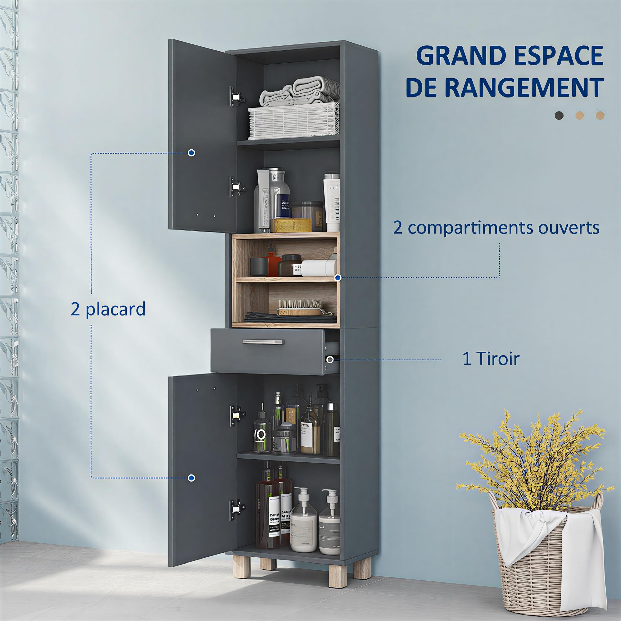 HOMCOM - Columna para cuarto de baño, mueble de almacenamiento, armario con 2 puertas, cajón y 2 estantes abiertos, armario alto para cocina, sala de estar, 40 x 24 x 160 cm, color gris