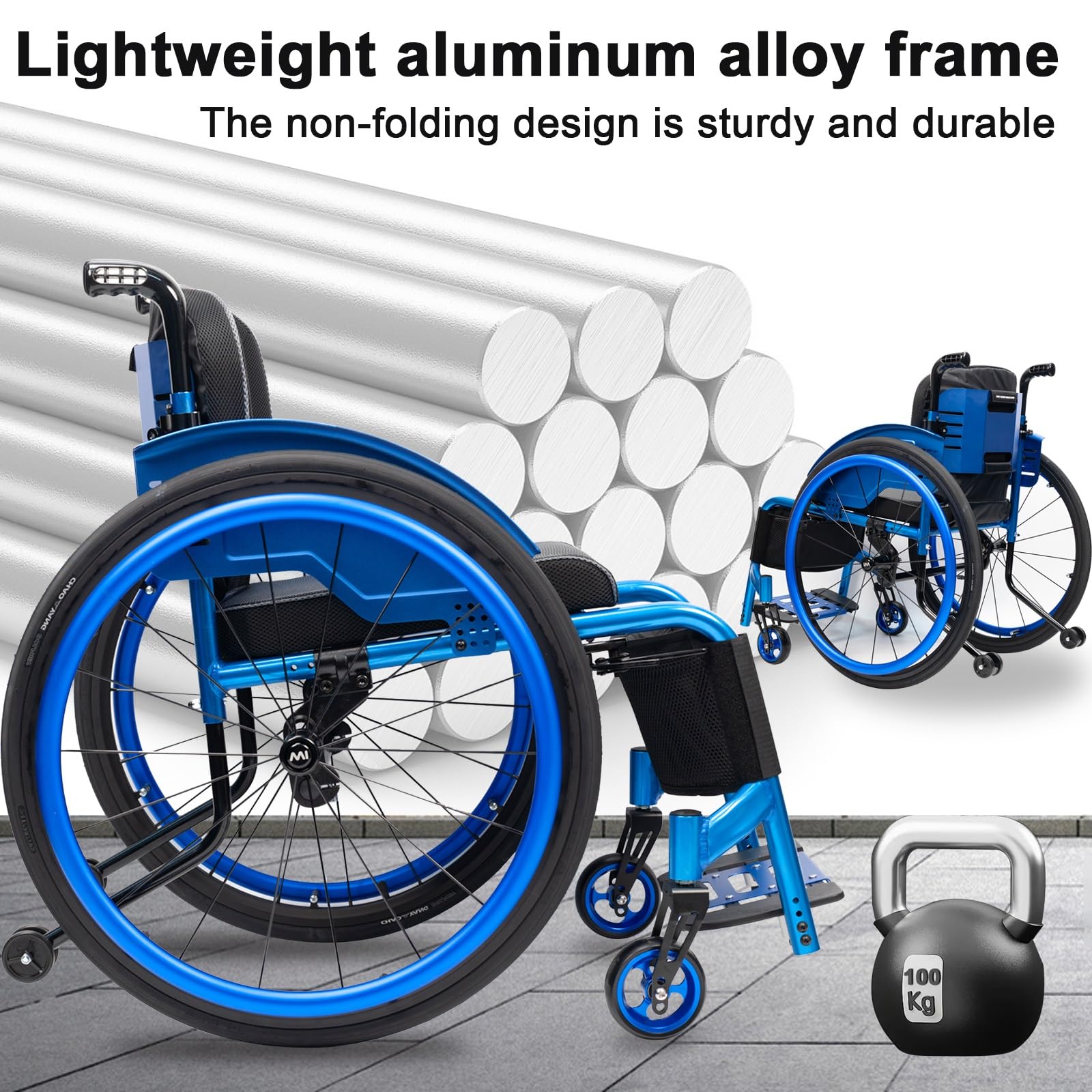 Wózki inwalidzkie dla dorosłych, nośność 100 kg, nieskładane, stop aluminium, wyposażone w podnóżki, siedzisko i tylne koła 24" (szerokość siedziska: 38 cm)