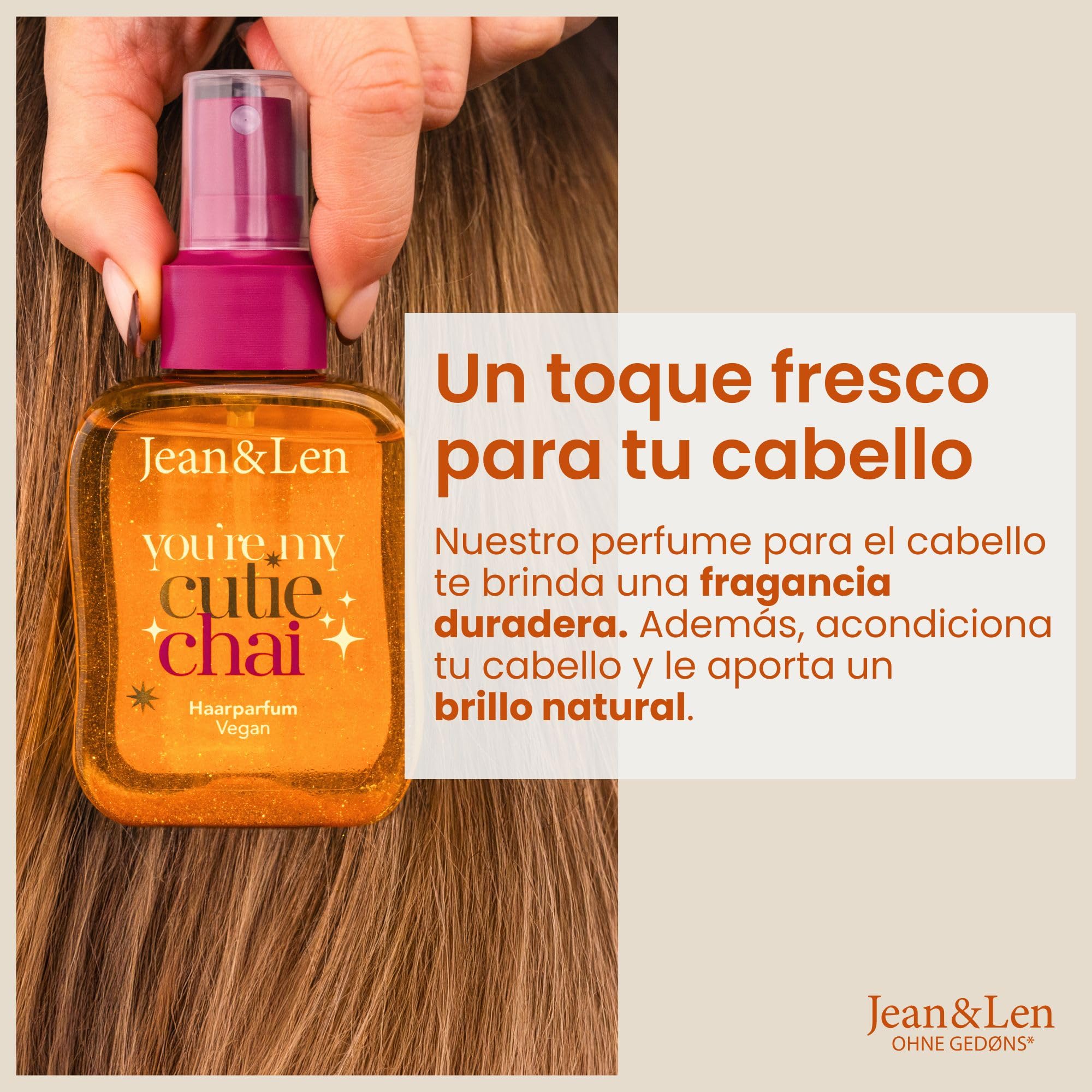 Jean & Len perfume capilar You’re My Cutie Chai, fórmula de cuidado con aminoácidos y pantenol, aroma invernal a especias chai, vainilla y naranja, con partículas de purpurina dorada, vegano, 105 ml