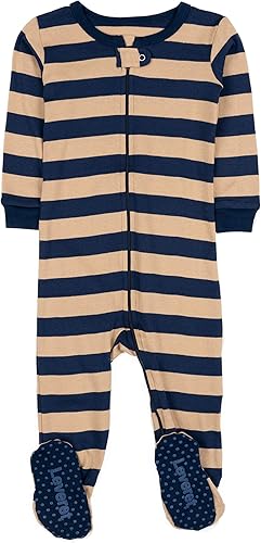 Leveret Pijama de rayas para niños y niñas, 100% algodón (talla 6-12 meses, azul marino y beige), Azul marino, beige.