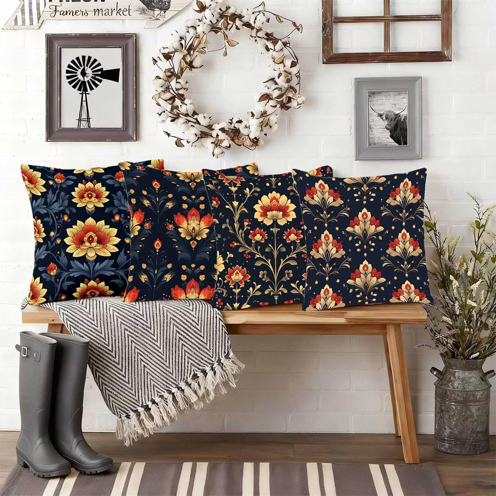 Czerwona poszewka na poduszkę 70 x 70 cm, zestaw 4 szt., wodoszczelna, lniana poszewka na poduszkę ze wzorem retro, na sofę, nadruk HD, kwadratowa poduszka dekoracyjna do pokoju, dekoracja salonu, z