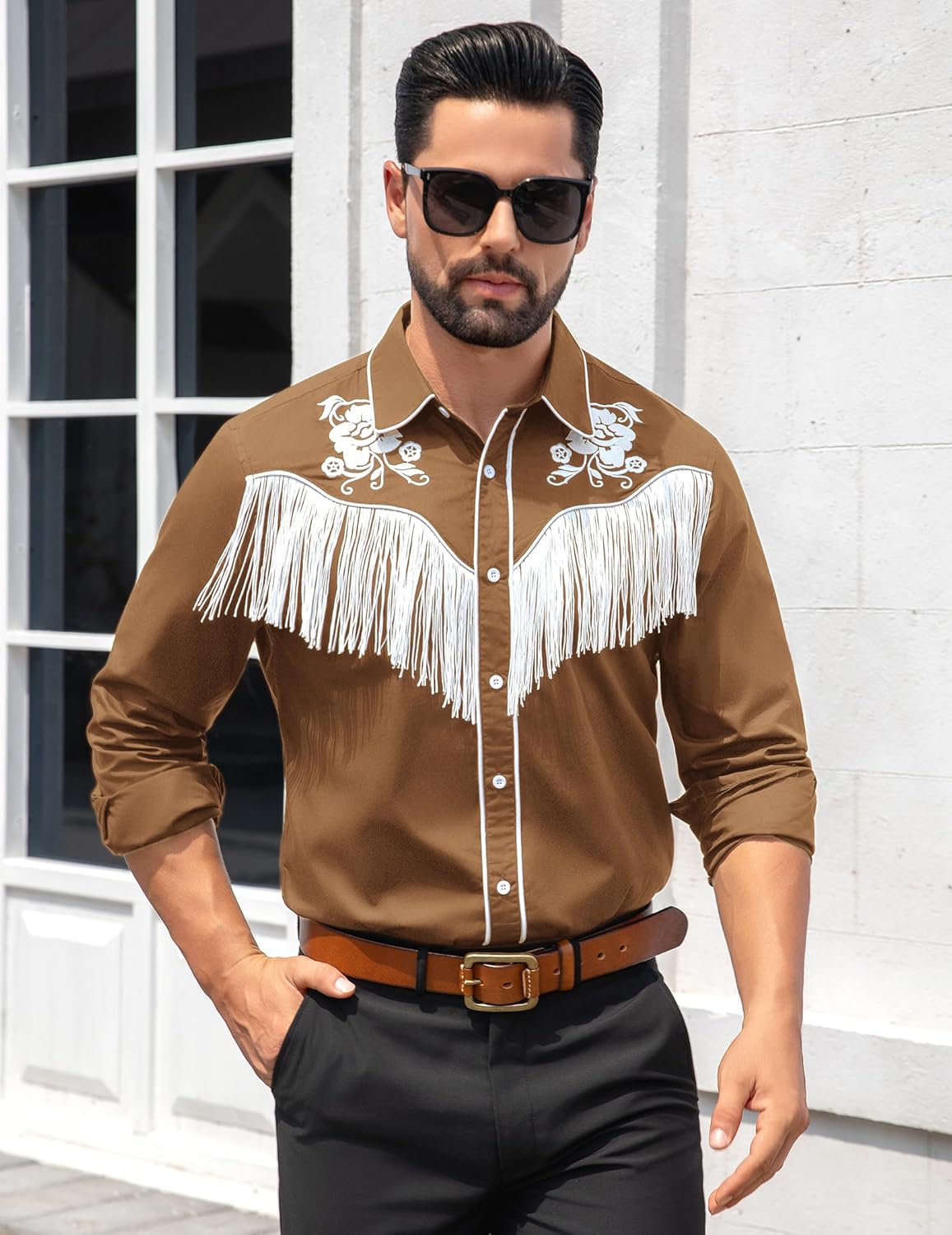 Men's Western Cowboy Fringe Shirts Long Sleeve Button Down Embroidered Vintage Casual Hippie Shirts - Image 2