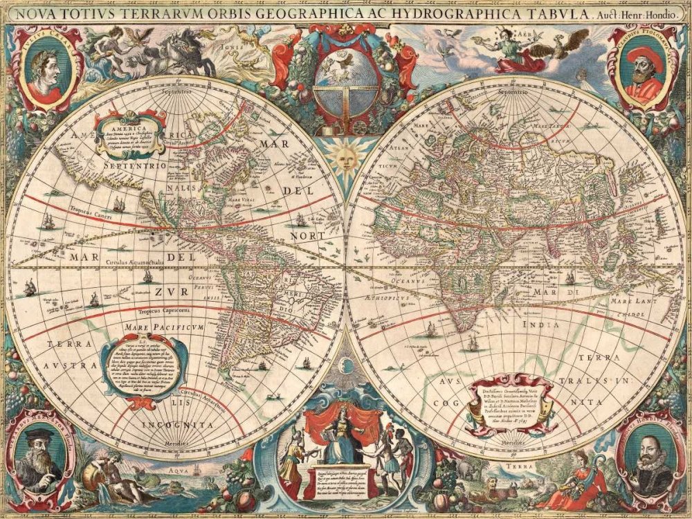 Feeling at home CANVAS-FRAMED-with-AMERICAN-BOX Nova totius Terrarum Orbis geographica ac hydrographica tabula Hondius Hendrik - Maps horizontal Art print Nova totius Terrarum 23_X_30_in