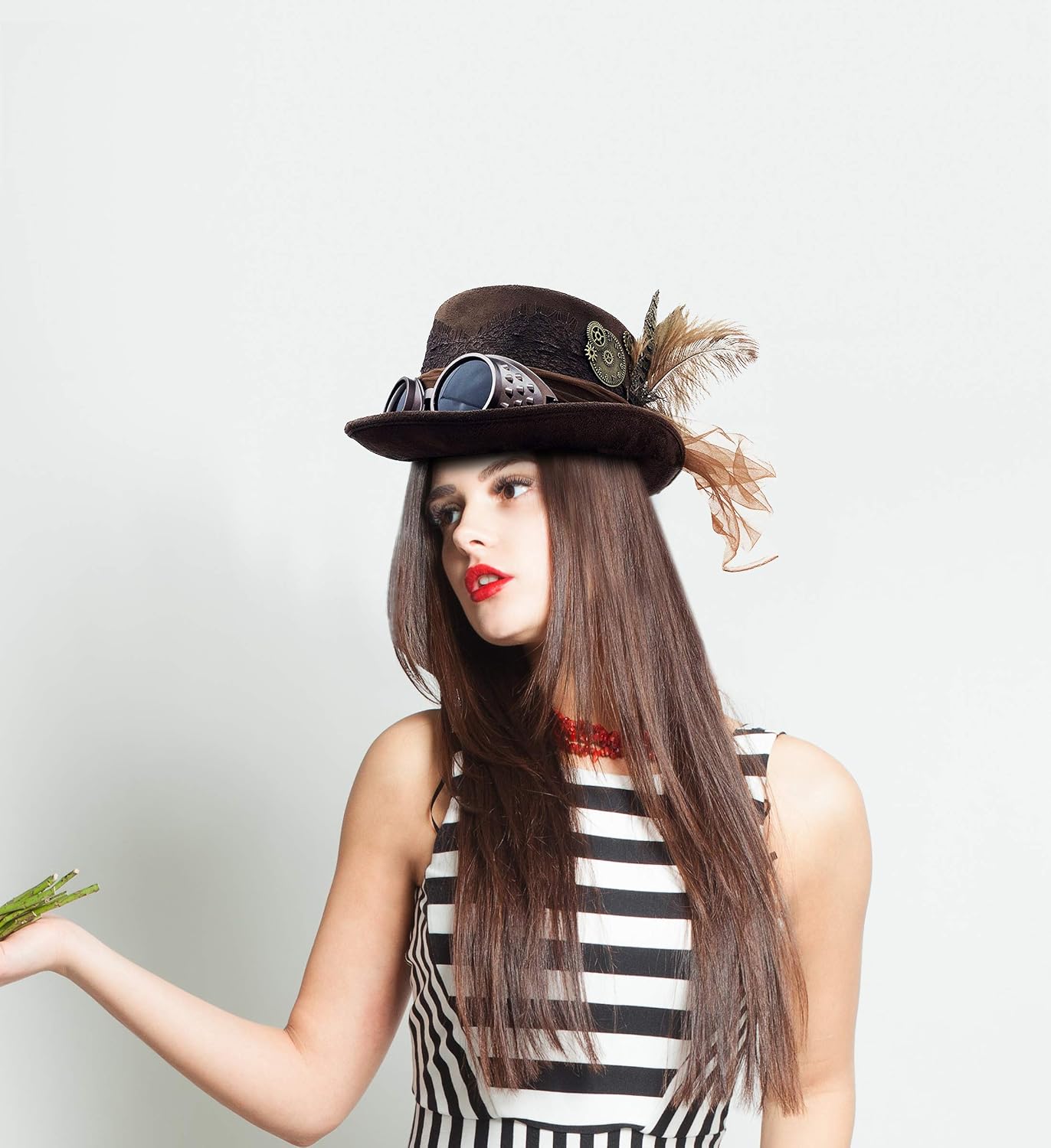 Atiitude Studio Brown Steampunk Fedora Hat - Stylish Victorian Hat with Steampunk Googles, Feather For Hat and Decorative Lace, Fancy Steampunk Accessories Costume Hat for Halloween, Cosplay Parties