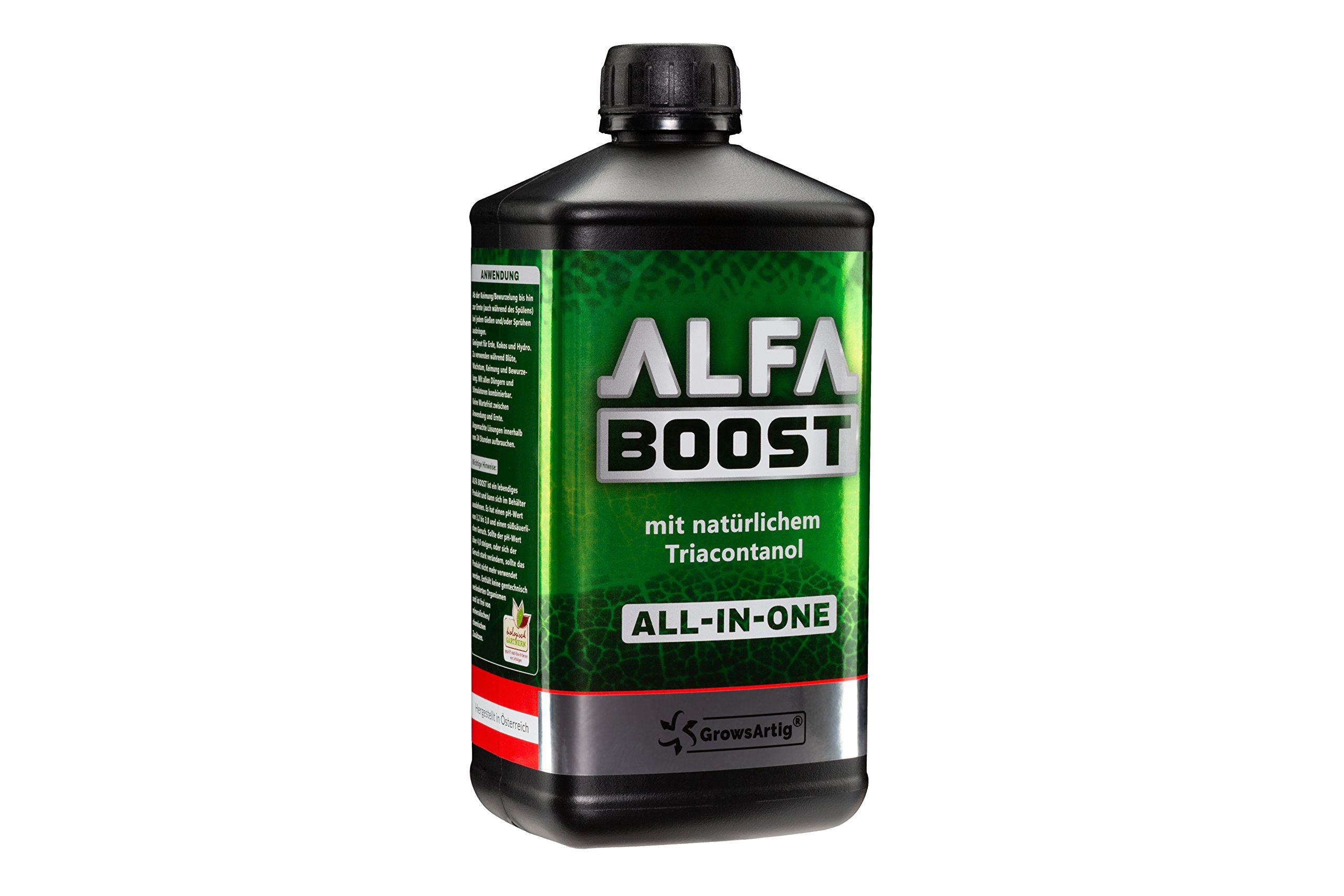 ALFA Boost All-IN-ONE Pflanzen-Booster mit Triacontanol 1 Liter. Für Blüte, Wachstum und Bewurzelung. Steigert den Ertrag. Biozertifiziert.