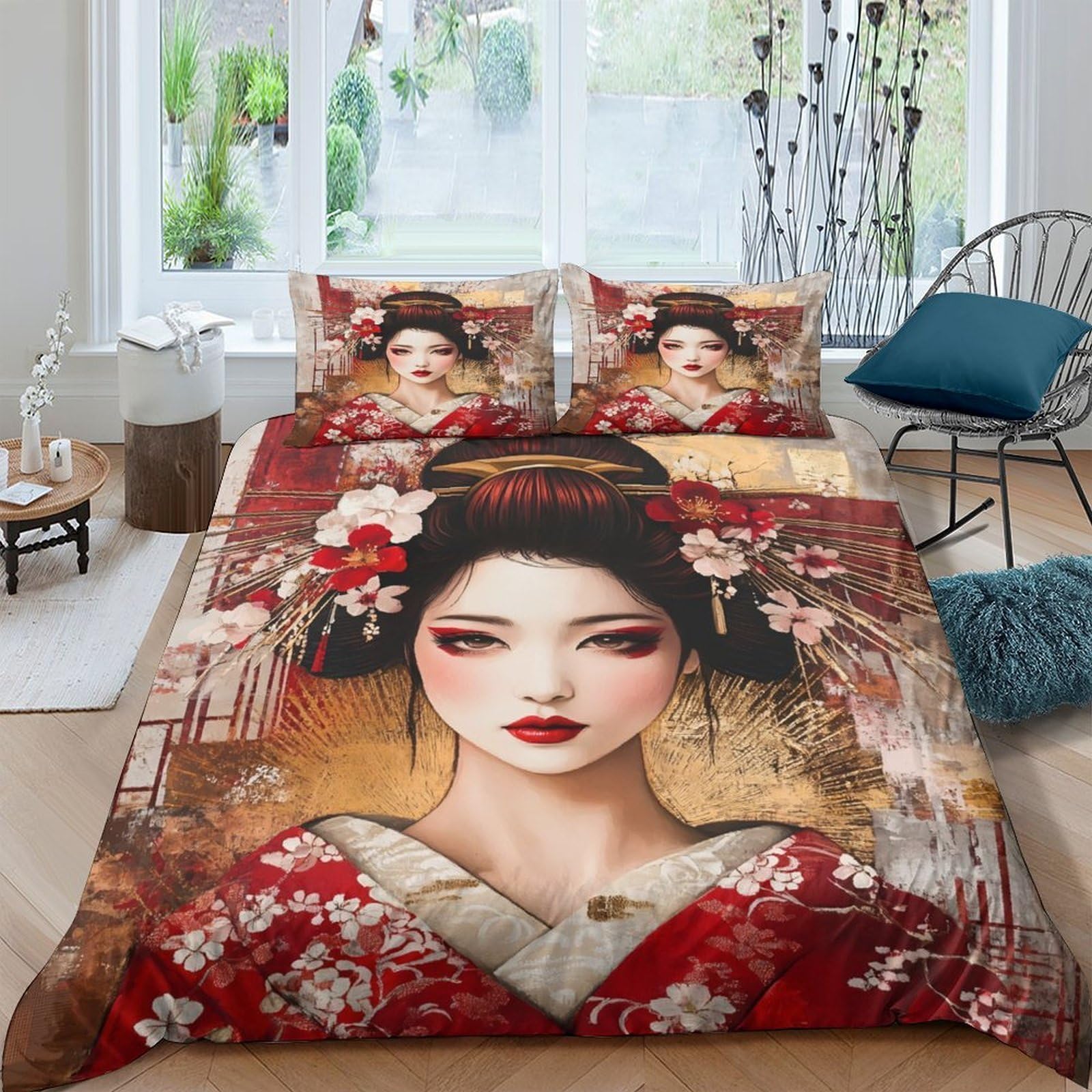 Ctjqhvkz Style-5 3D Printed Geisha Red Floral Fitted Sheet Microfiber Soft Breathable Japanese Art Bed Cover For Bedroom Guest Room Decor Single（135X200cm）