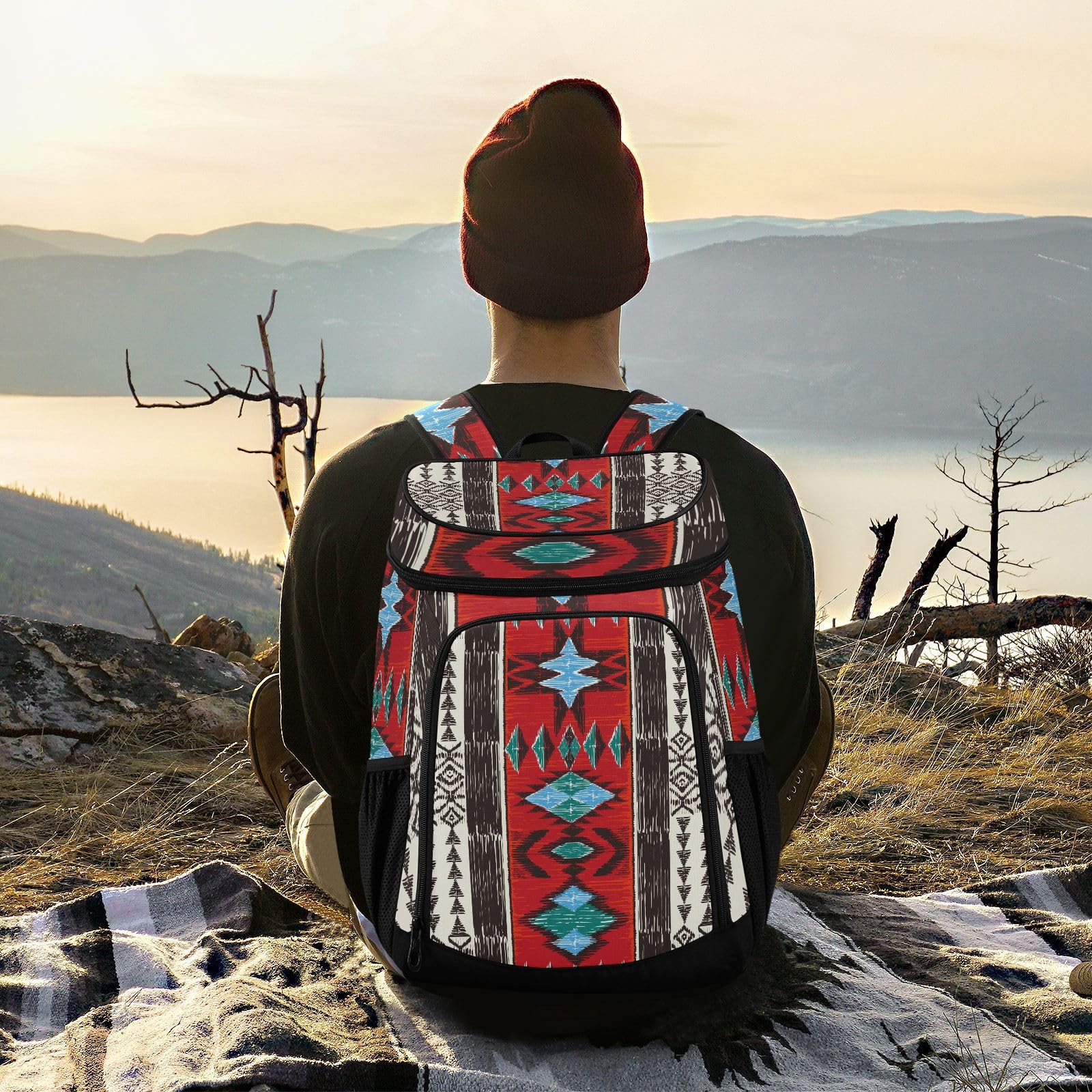 Red Aztec Bohemia Tribe Cooler Backpack Insulated Leak Proof Beach Cooler Bag 30 Cans Waterproof Lightweight Soft Lunch Picnic Hiking Camping Backpack Cooler for Men Women