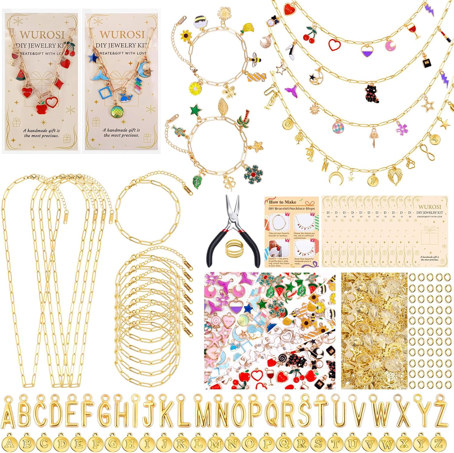 Wurosi 443 Pcs Gold Charm Bracelet Necklace Making Kit for Women, Including 8 Paperclip Chain Bracelets, 4 Paper Clip Chain Necklaces, Accessories for Jewelry Making, Crafts Beginner Supplies Gift